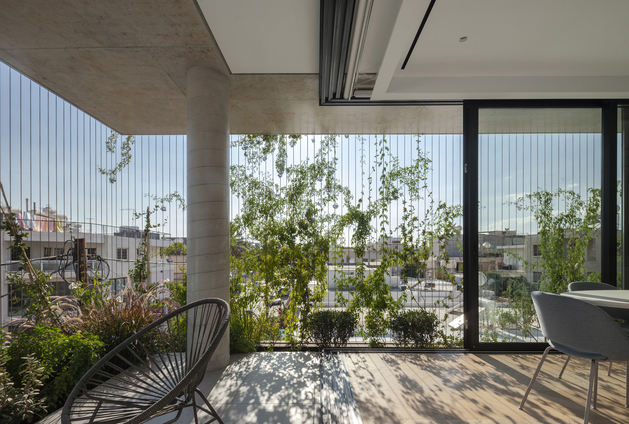 Balcony terrace with vertical cable planters and climbing greenery framing views over adjacent rooftops