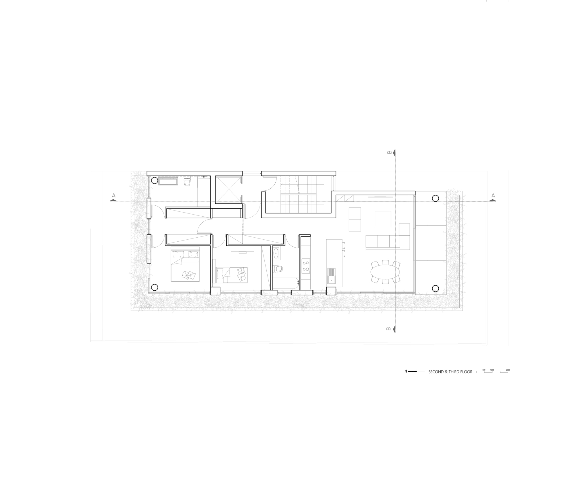 Second and third floor plan drawing showing bedroom suites and living spaces with terraces