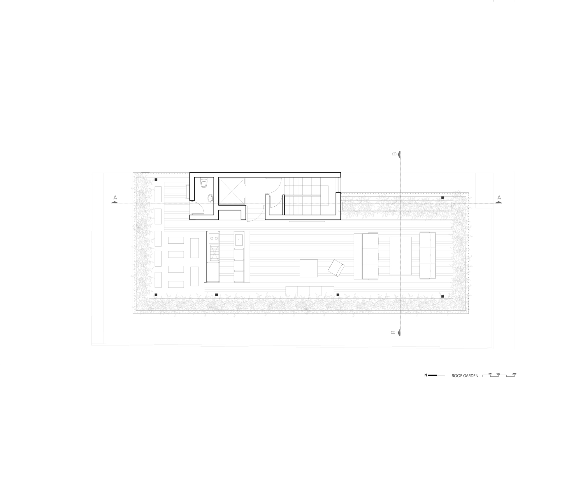 Roof garden plan drawing showing planted perimeter and central outdoor living area