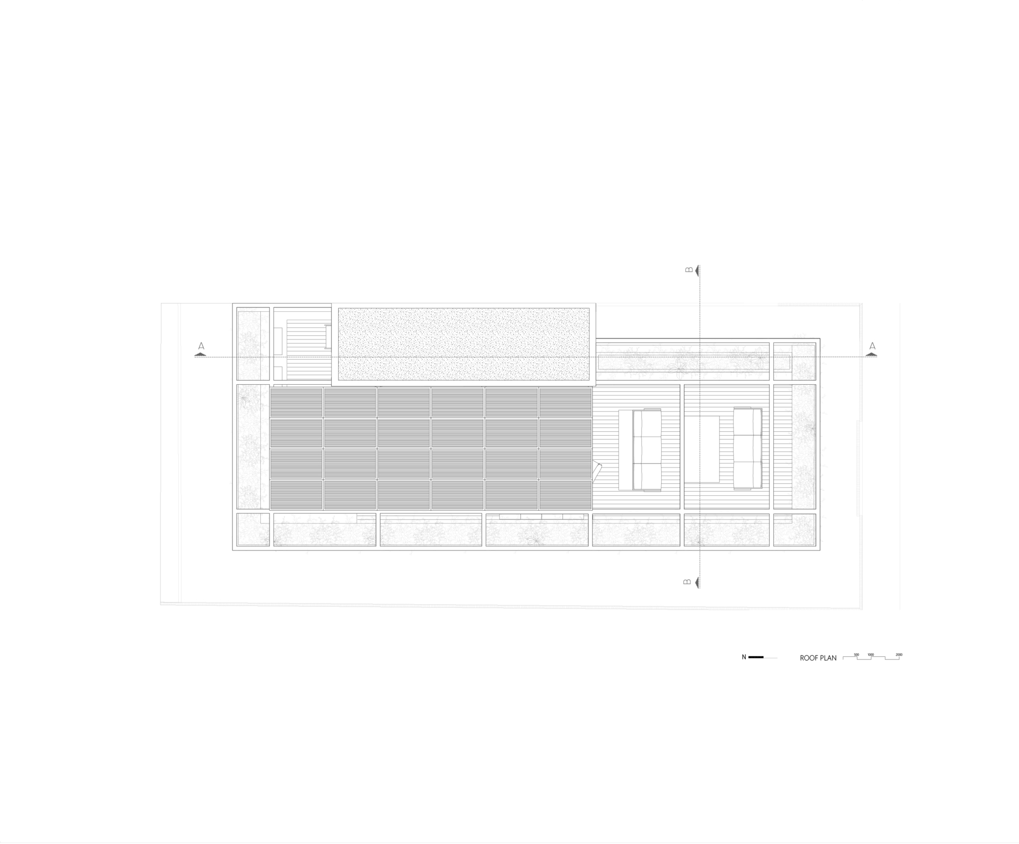 Roof plan drawing showing linear striped surfacing with skylights and access openings