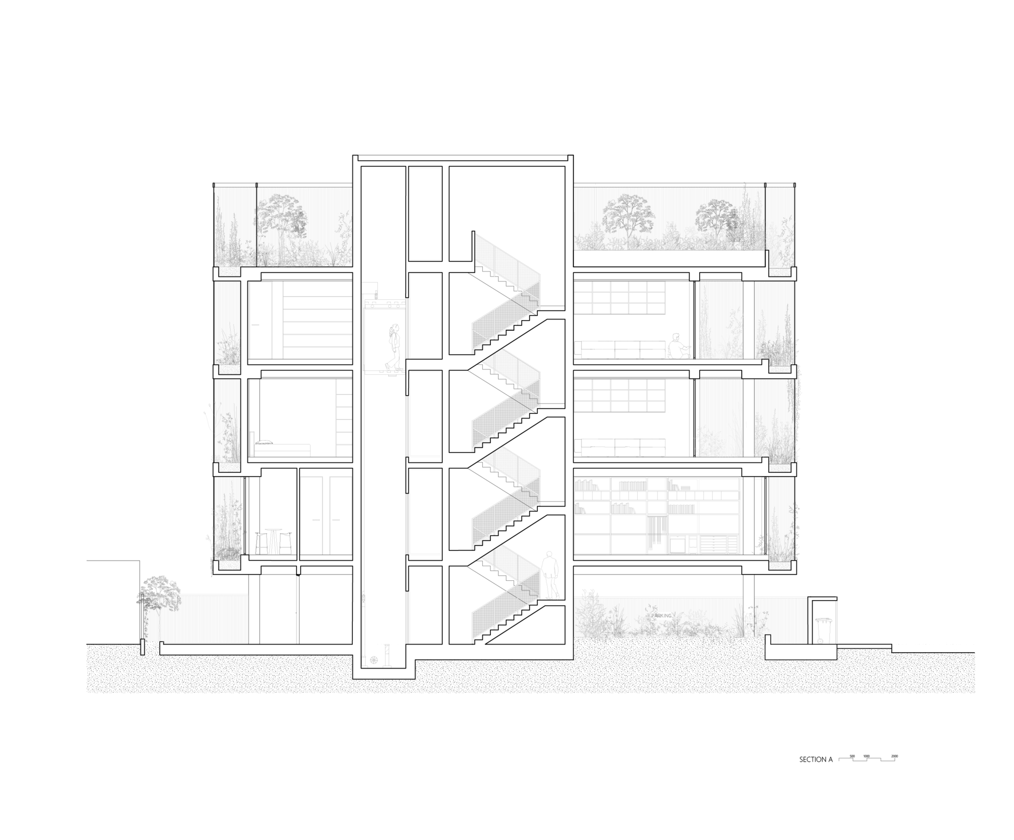 Section drawing showing four-story structure with central staircase and surrounding trees