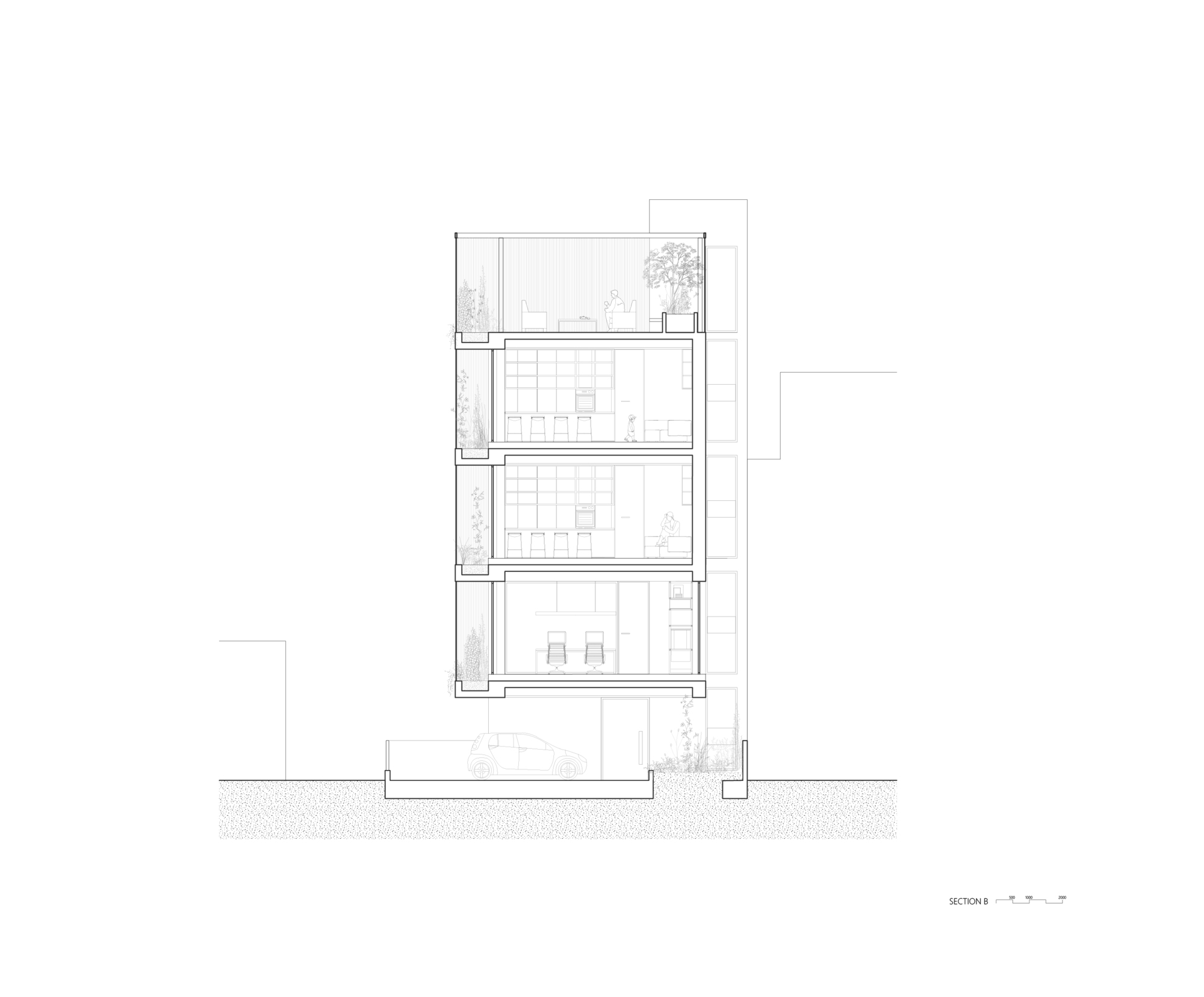 Section drawing showing three-level interior spaces with roof terrace and planted balconies