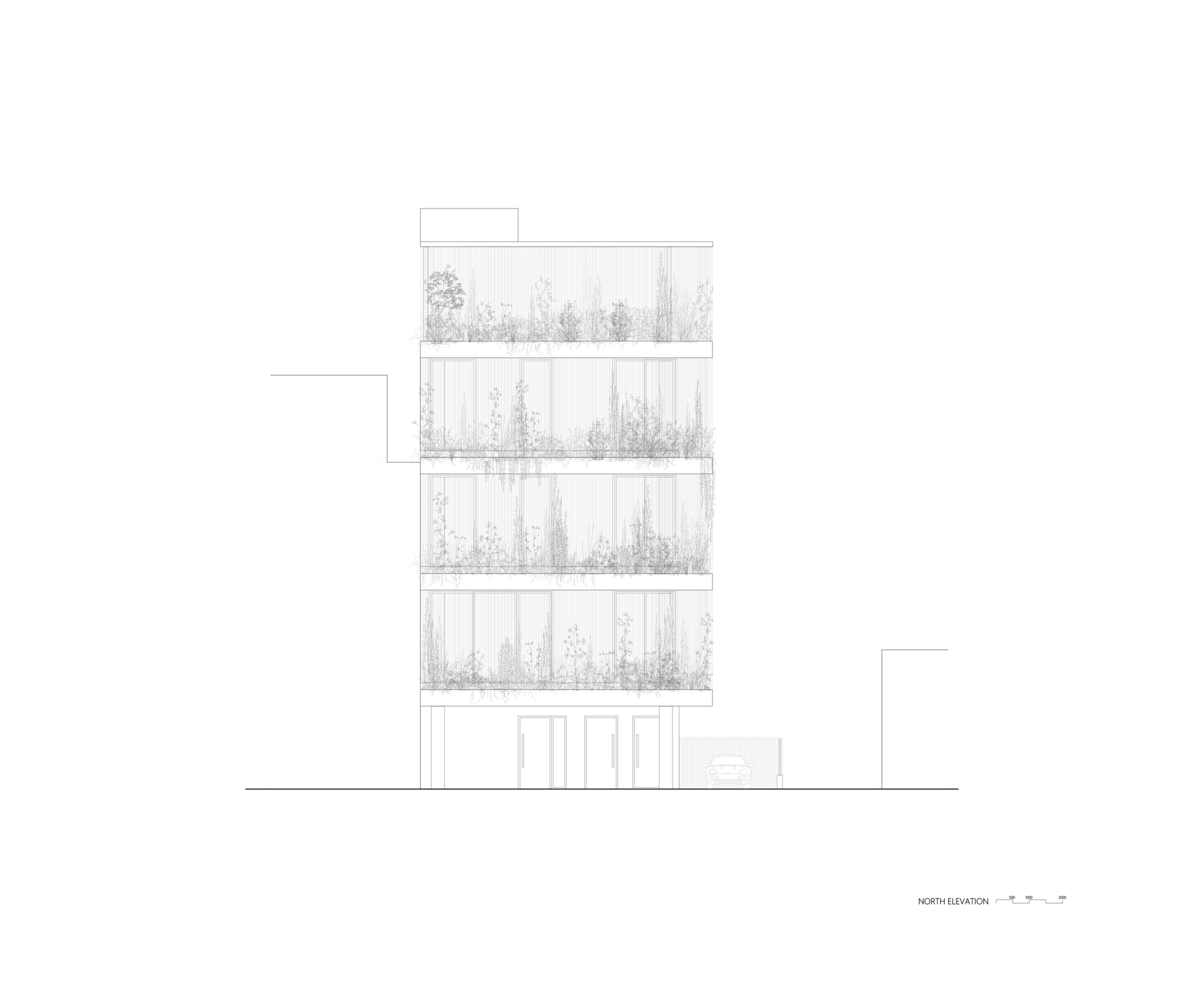 North elevation drawing of a five-storey building with planted balconies on each level