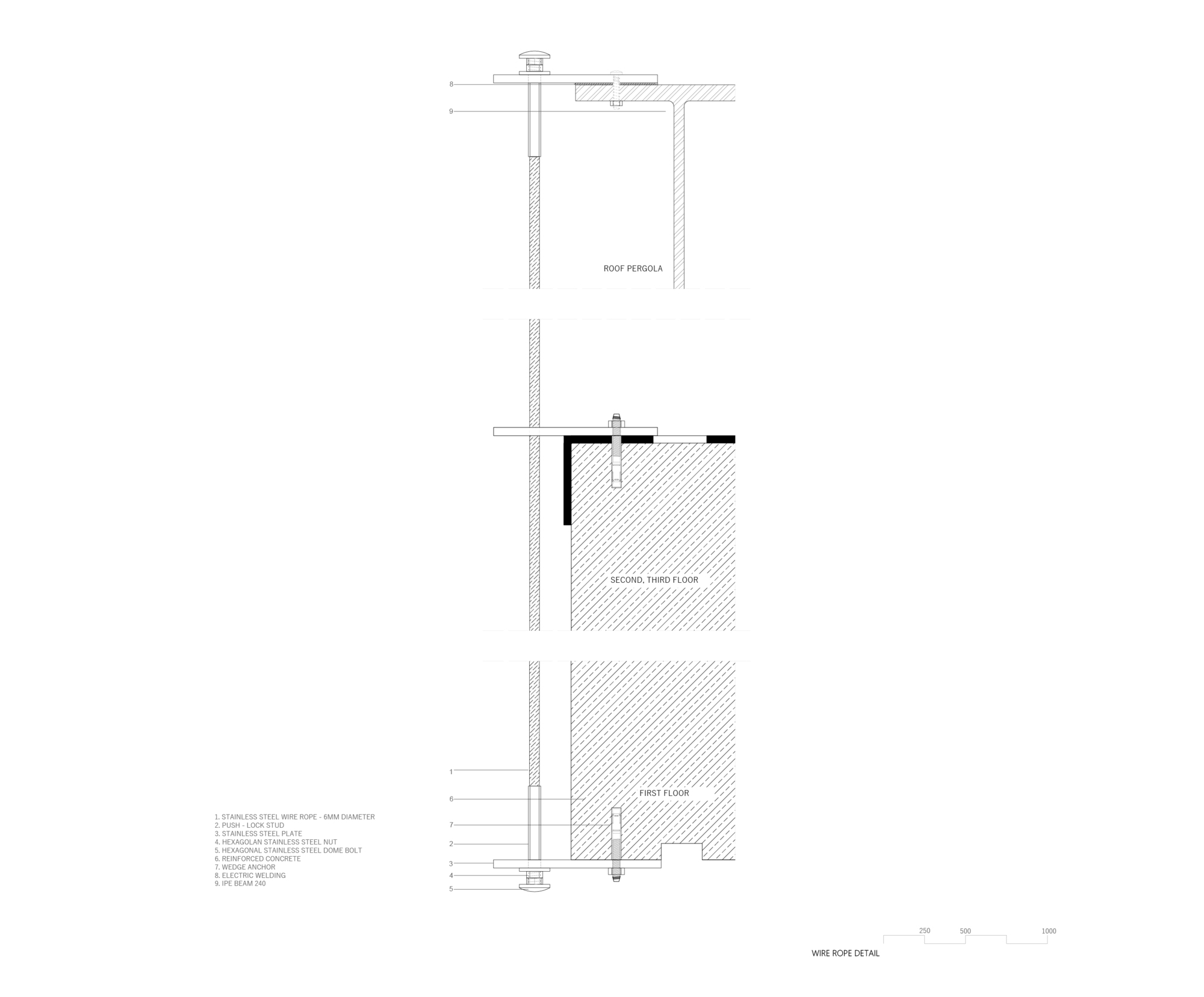 Wire rope detail section drawing showing floor slab connections and roof pergola assembly