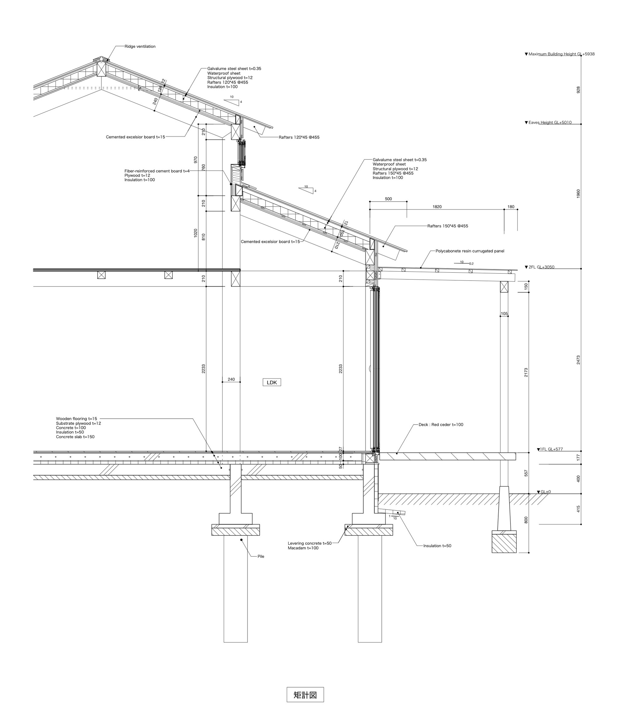 Detail section drawing showing foundation pier, timber column, corrugated exterior cladding, and roof rafter connections