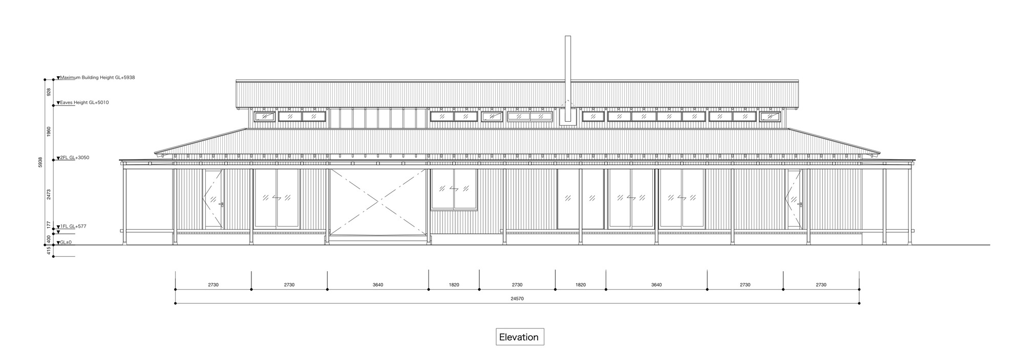 Elevation drawing showing the full-length facade with vertical cladding, glazing, and layered roof profiles