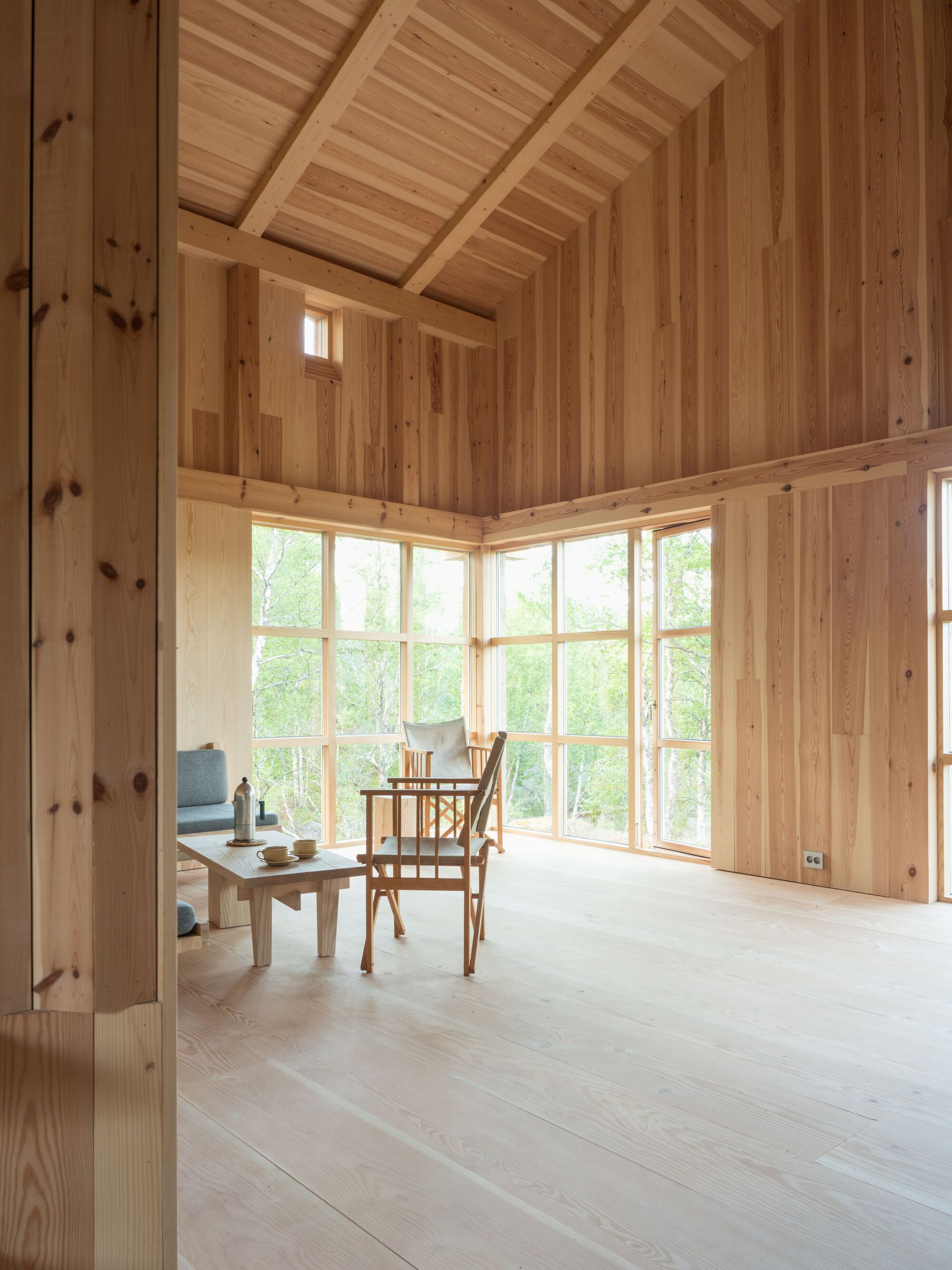 Corner room with angled timber ceiling and floor-to-ceiling windows overlooking birch trees in summer