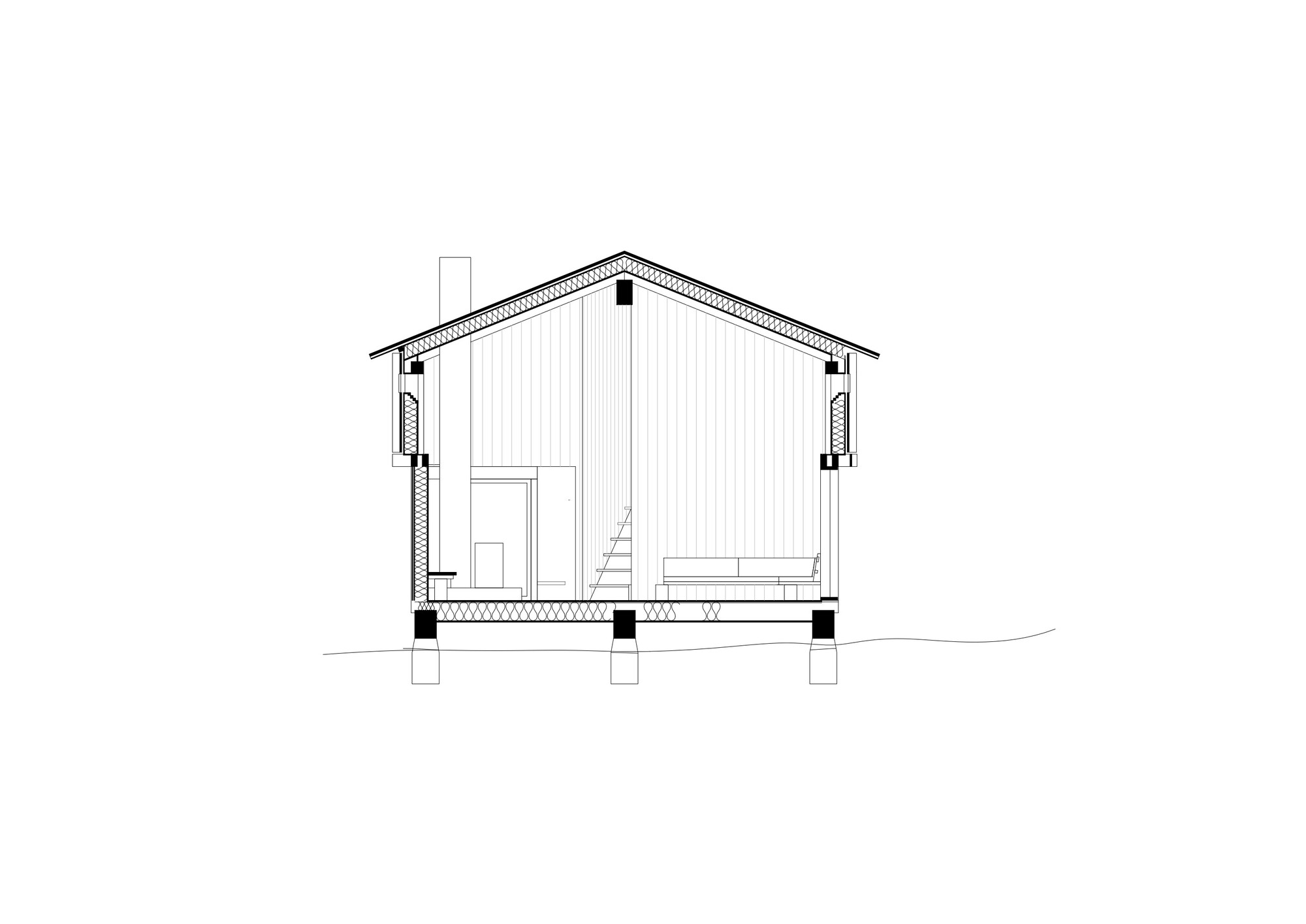 Section drawing showing the gabled structure with vertical cladding and raised foundation piers