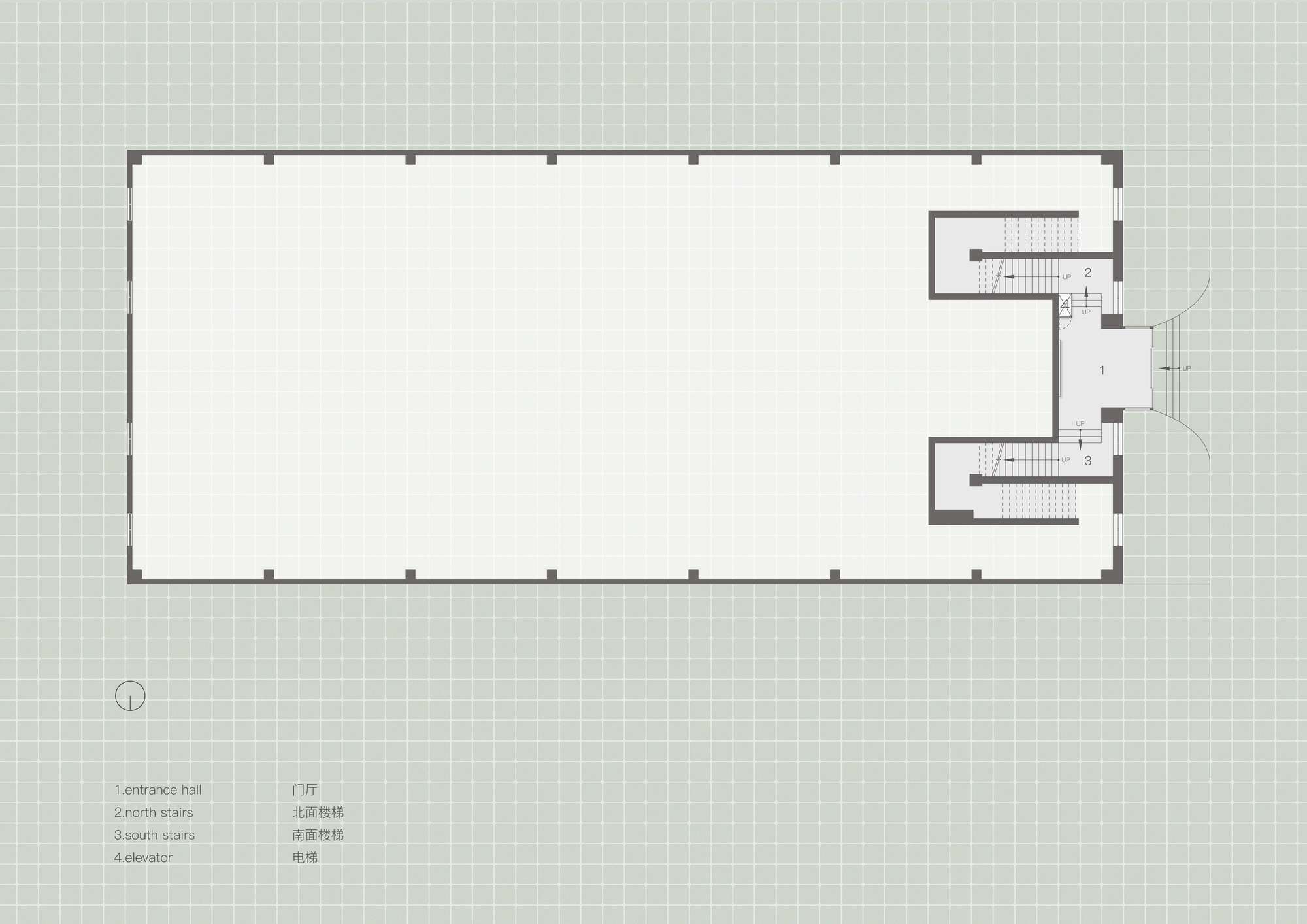 Floor plan drawing showing rectangular hall with two stair volumes and elevator on the east side