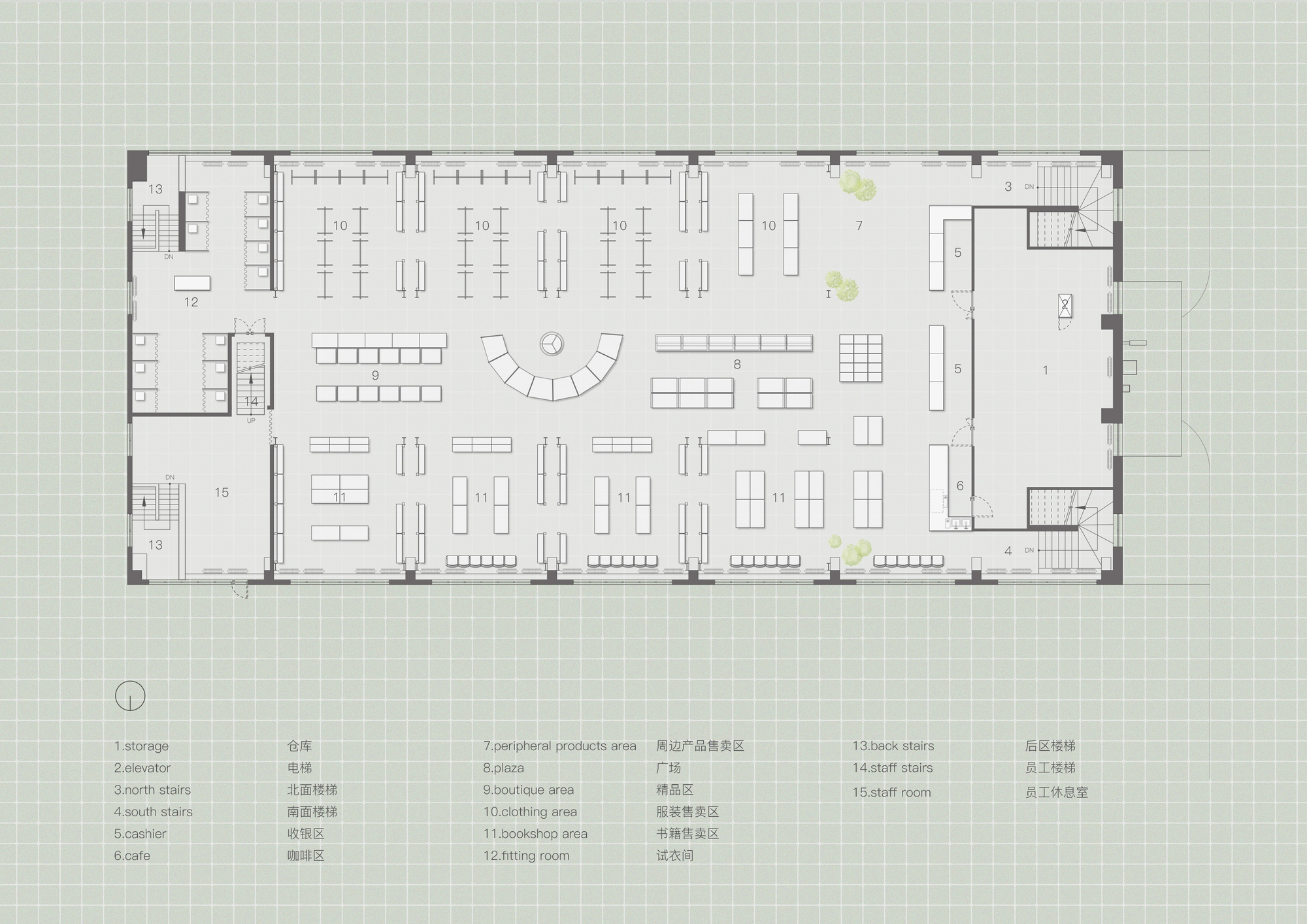 Floor plan drawing showing open retail space with seating areas, product displays, and service zones