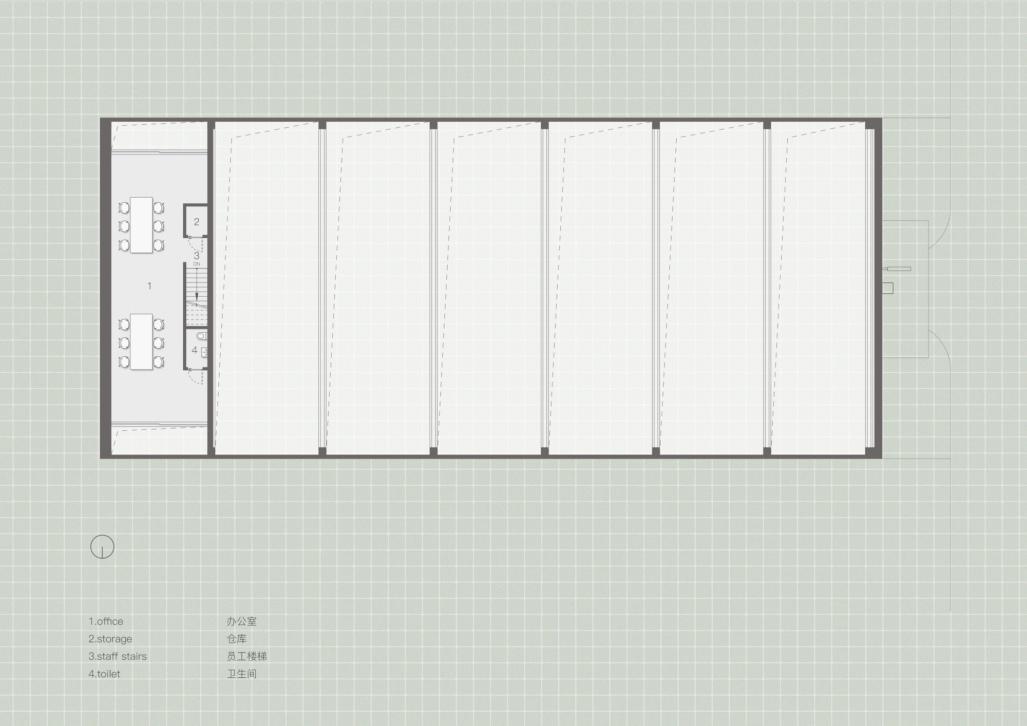 Floor plan drawing showing open workspace with parallel structural bays and service core on west side