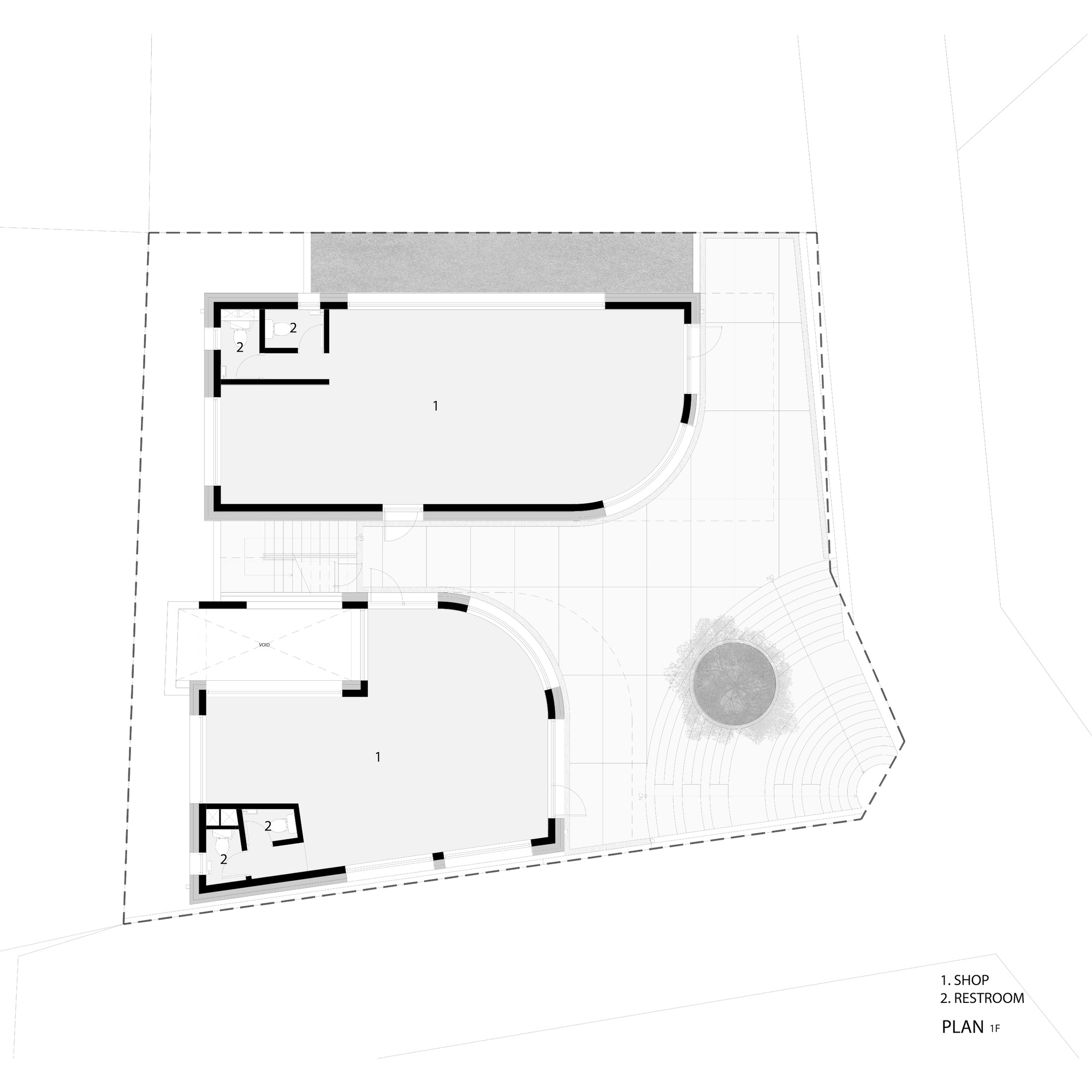 Ground floor plan drawing showing shop spaces, curved exterior seating, and adjacent tree