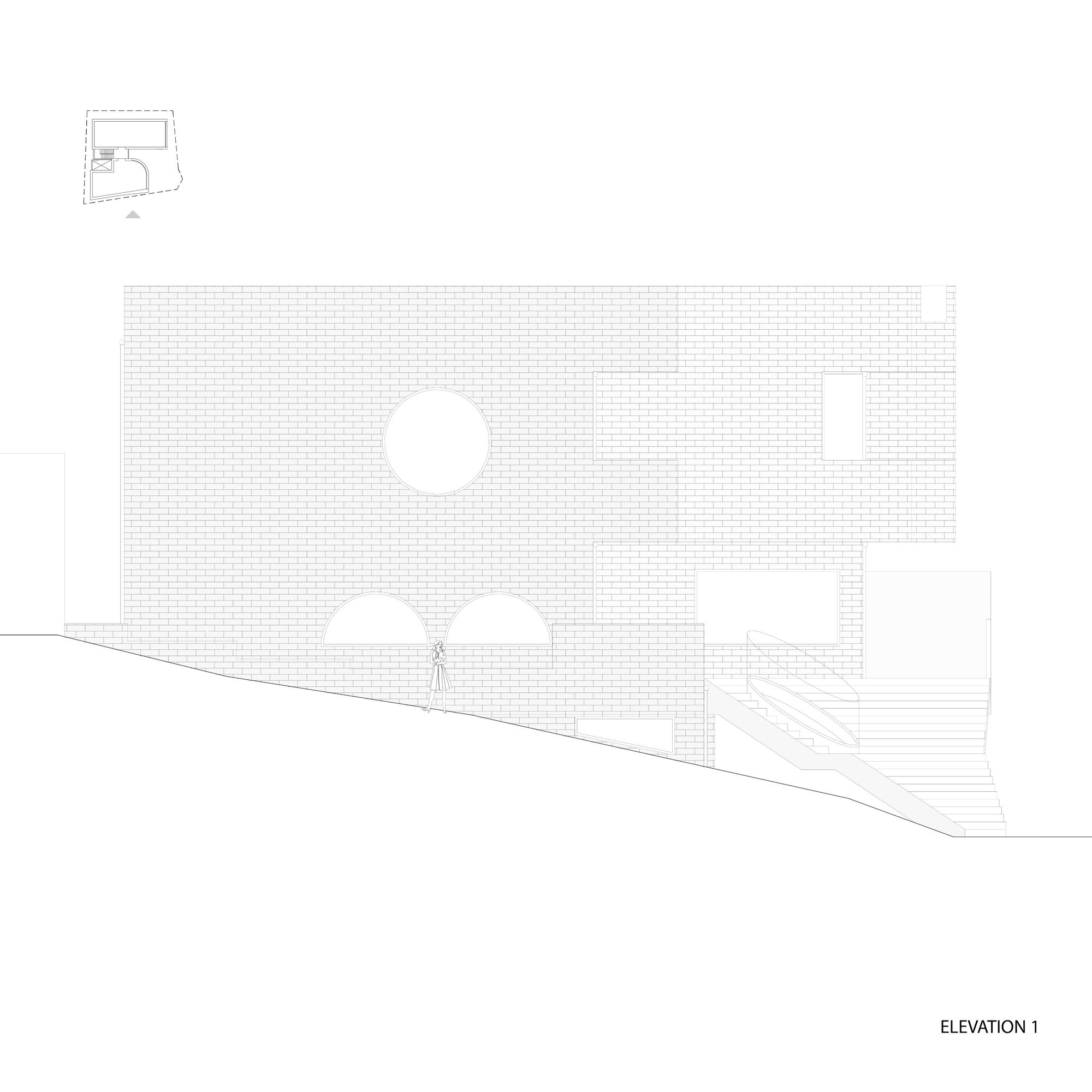 Elevation drawing showing a brick facade with circular and arched openings beside stepped entrance