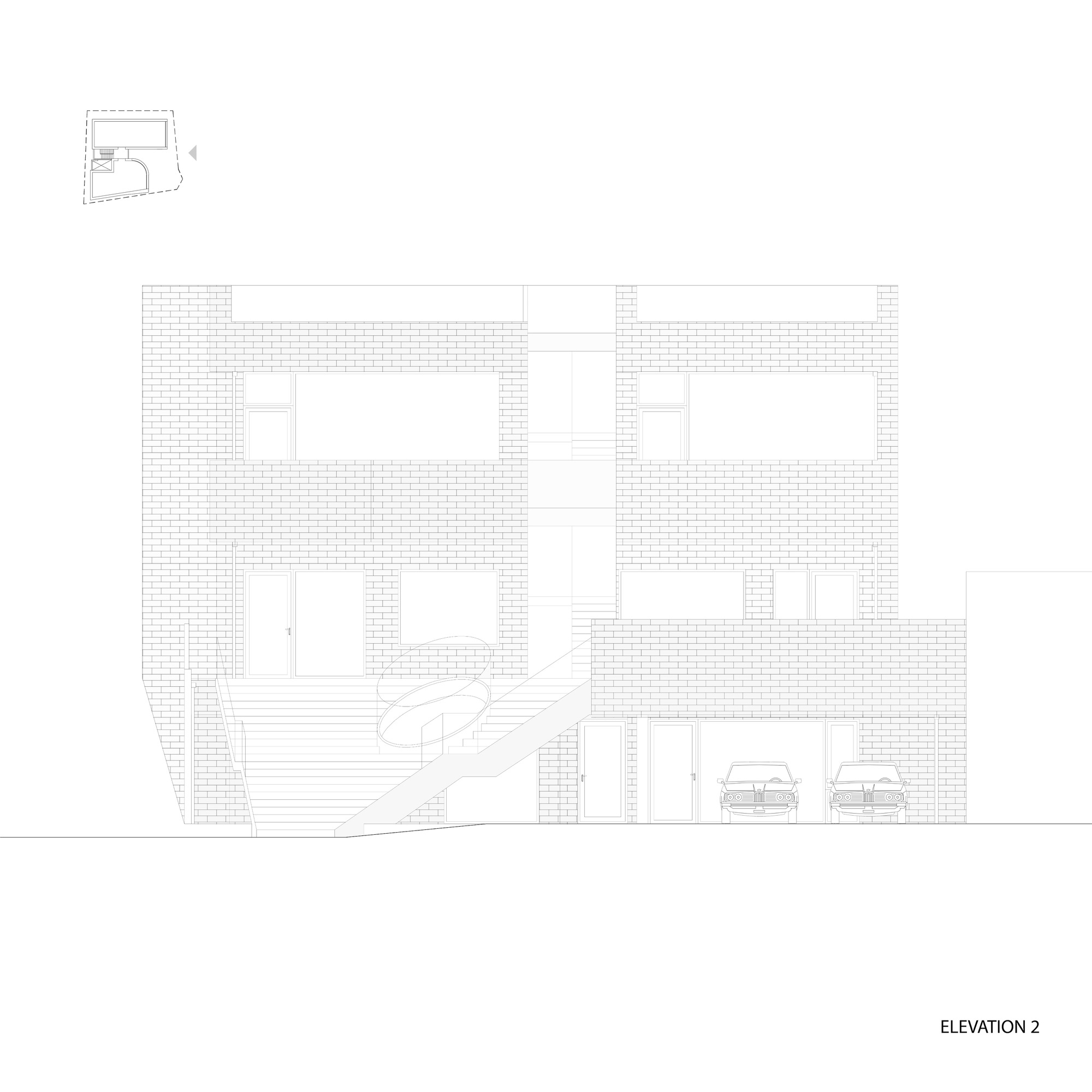 Elevation drawing displaying a brick facade with multiple openings and curved stair at ground level