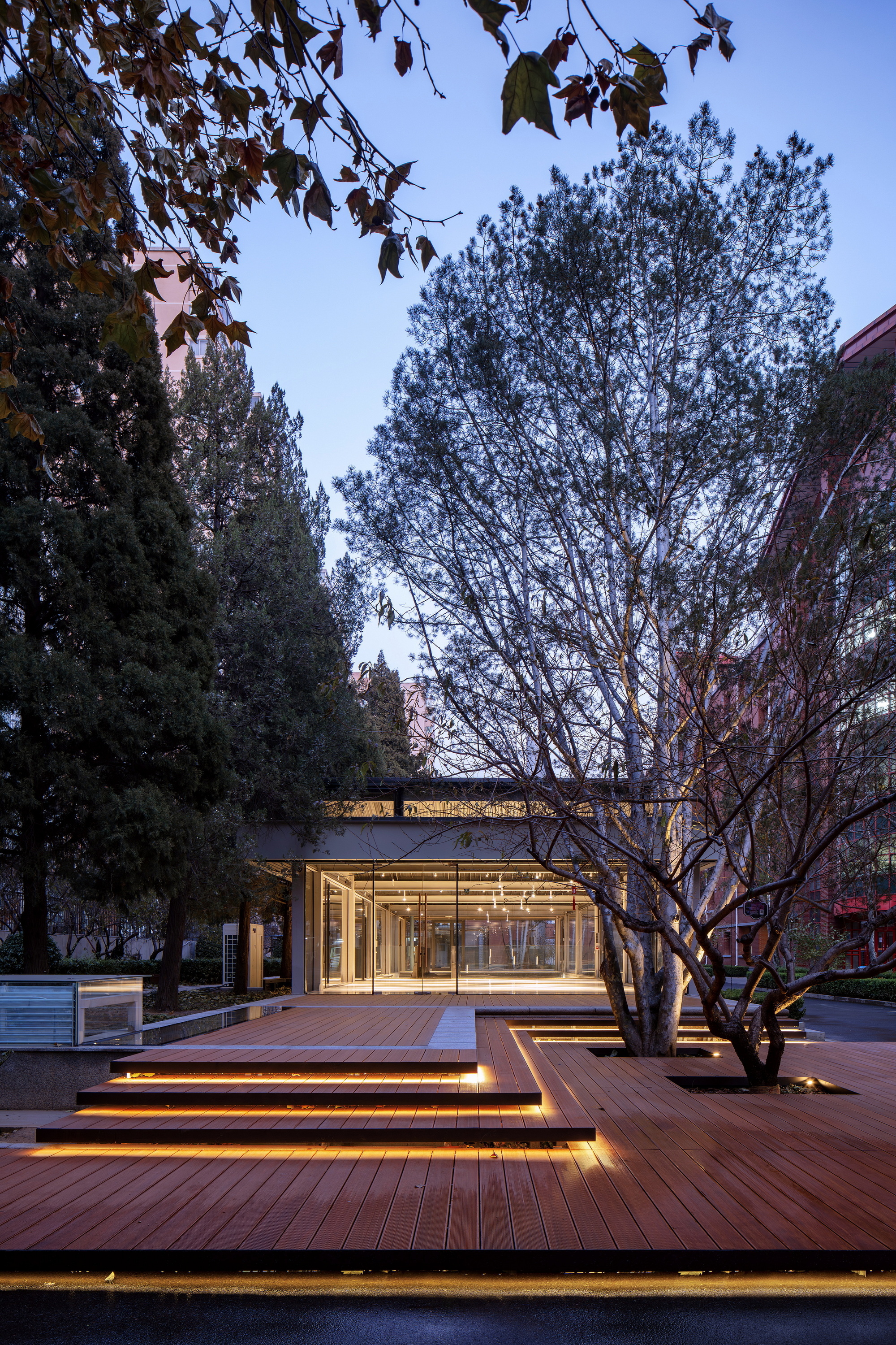 Tiered timber deck with integrated linear lighting leading to the glazed pavilion at dusk