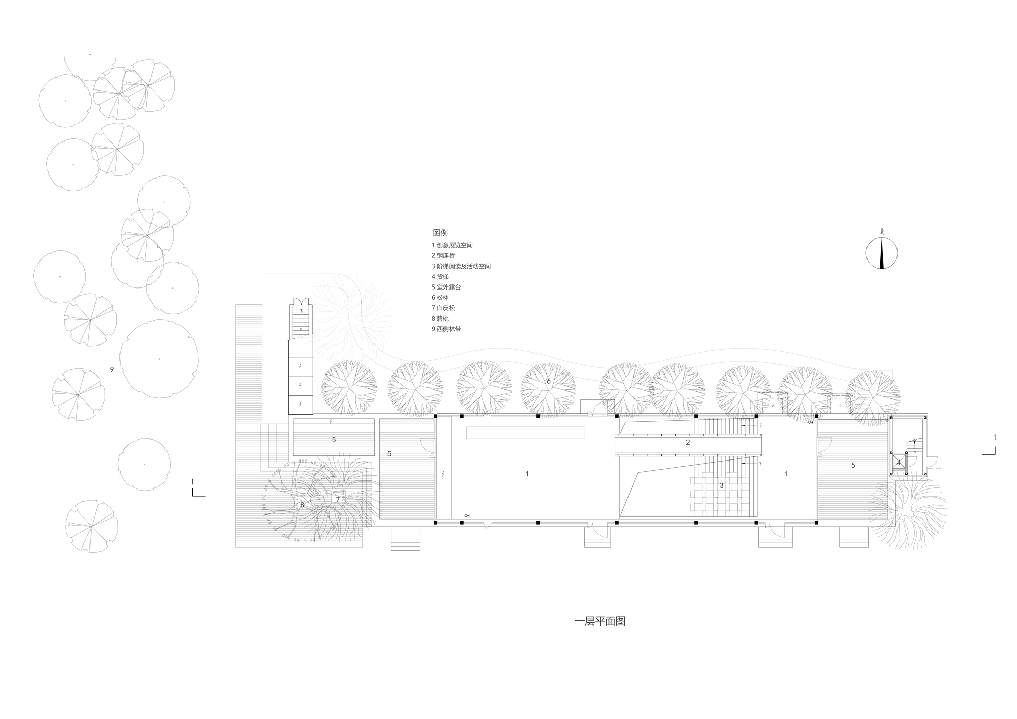 Floor plan drawing showing rectangular building volume flanked by circular tree canopies