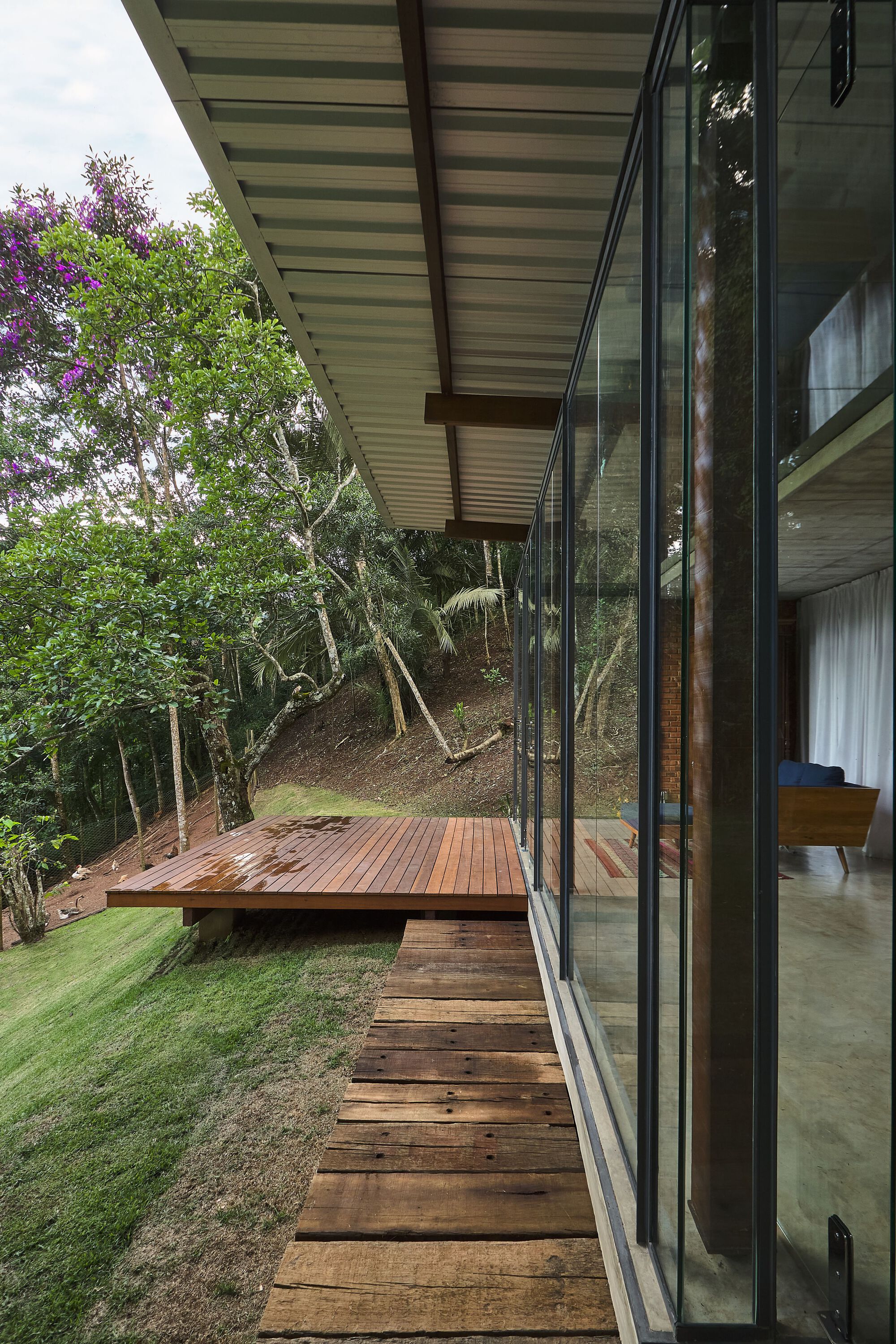 Timber stairs descending alongside a glazed facade with deck and lawn on a wooded slope