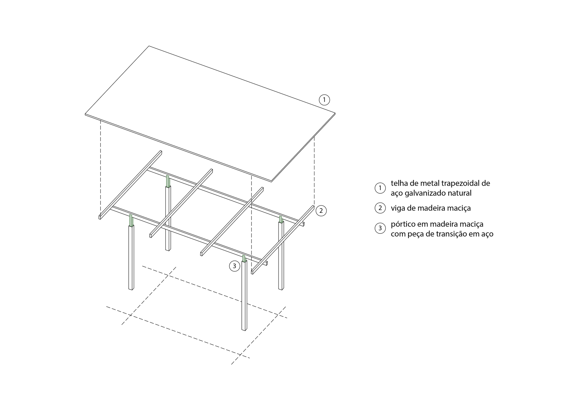 Axonometric drawing showing the structural assembly of timber columns, beams, and metal trapezoidal roof with labeled components