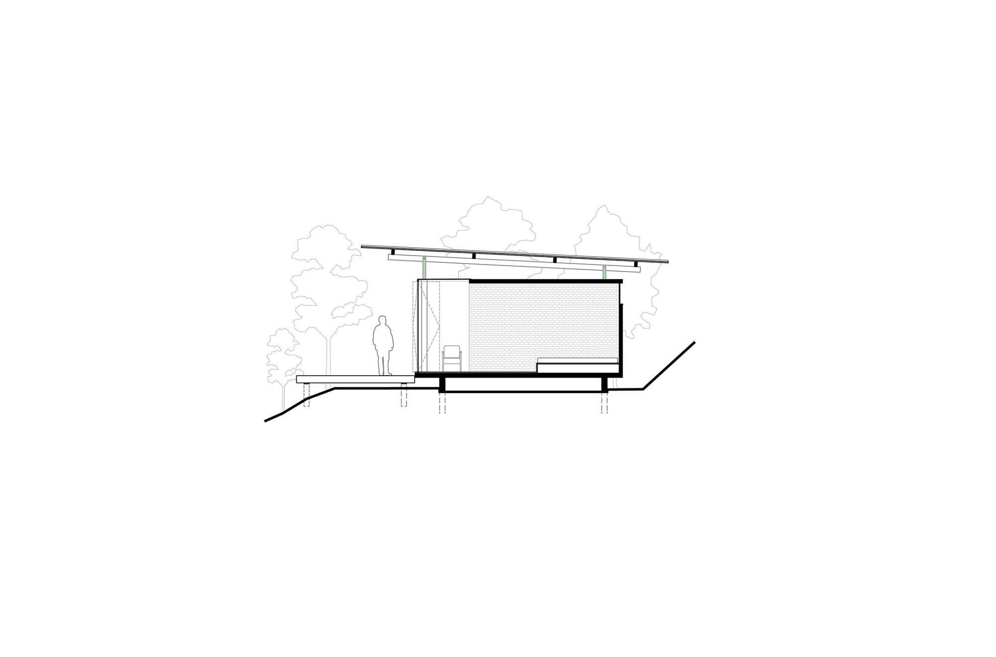 Section drawing showing the structure on a sloped site with figure for scale and surrounding vegetation