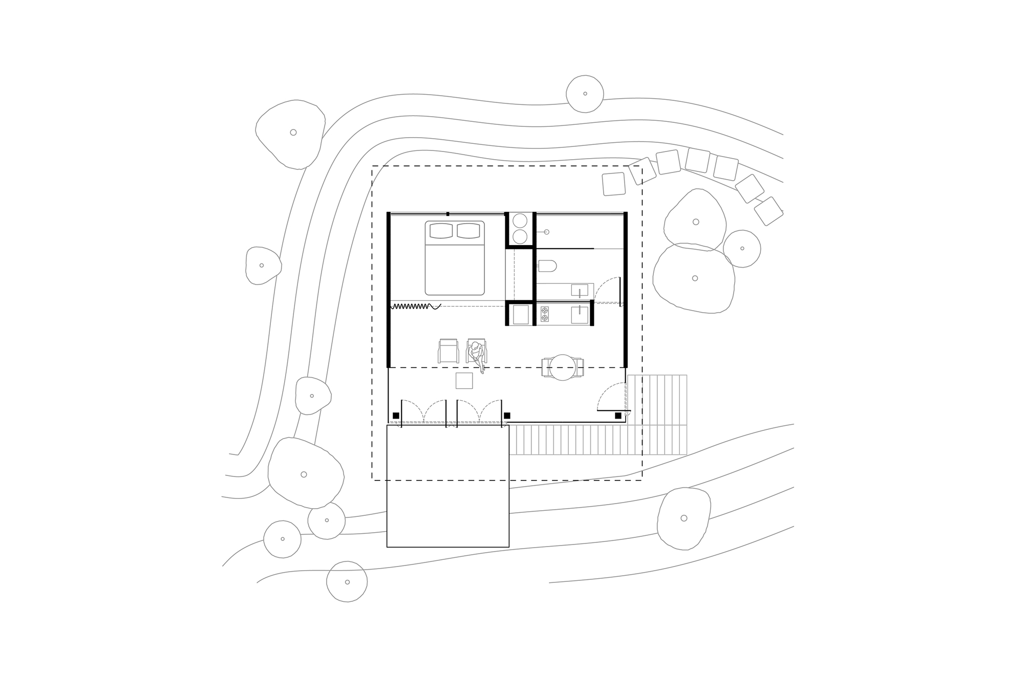 Site plan drawing showing a rectangular structure surrounded by curving pathways and circular tree canopies