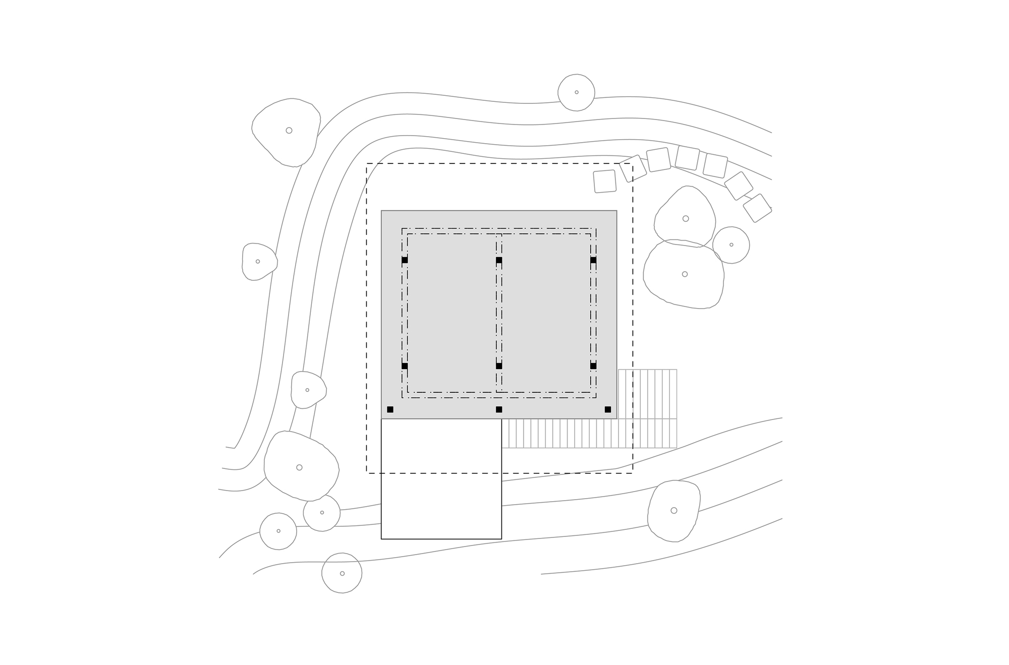 Structural plan drawing showing a grid of columns supporting the roof perimeter