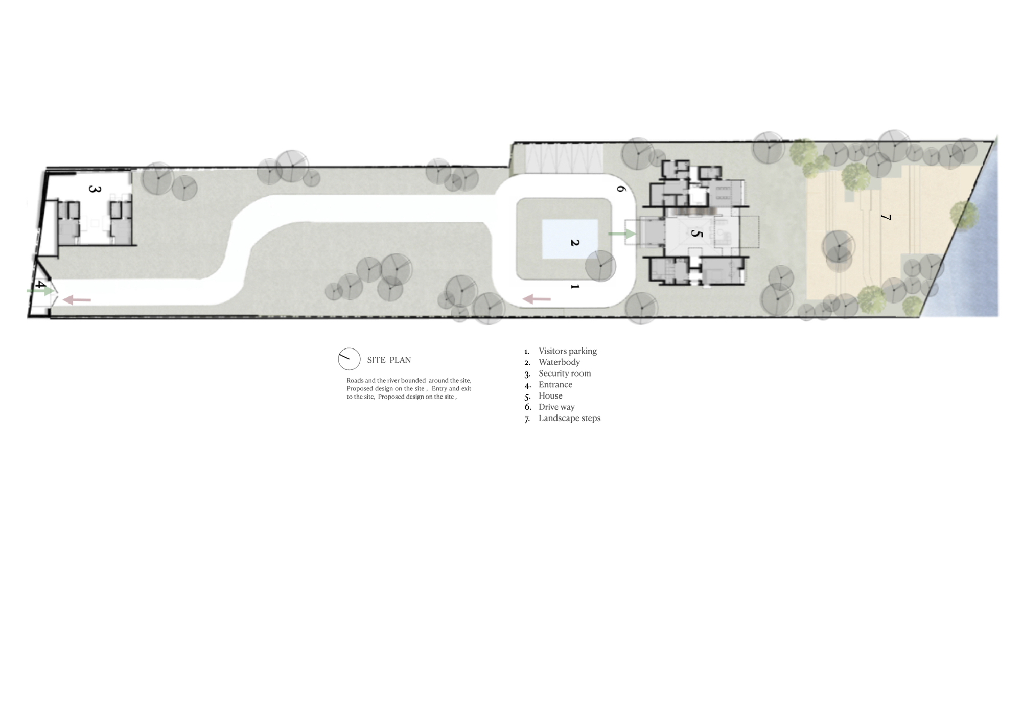 Site plan drawing showing building footprint, landscape elements, and circulation within a long narrow lot