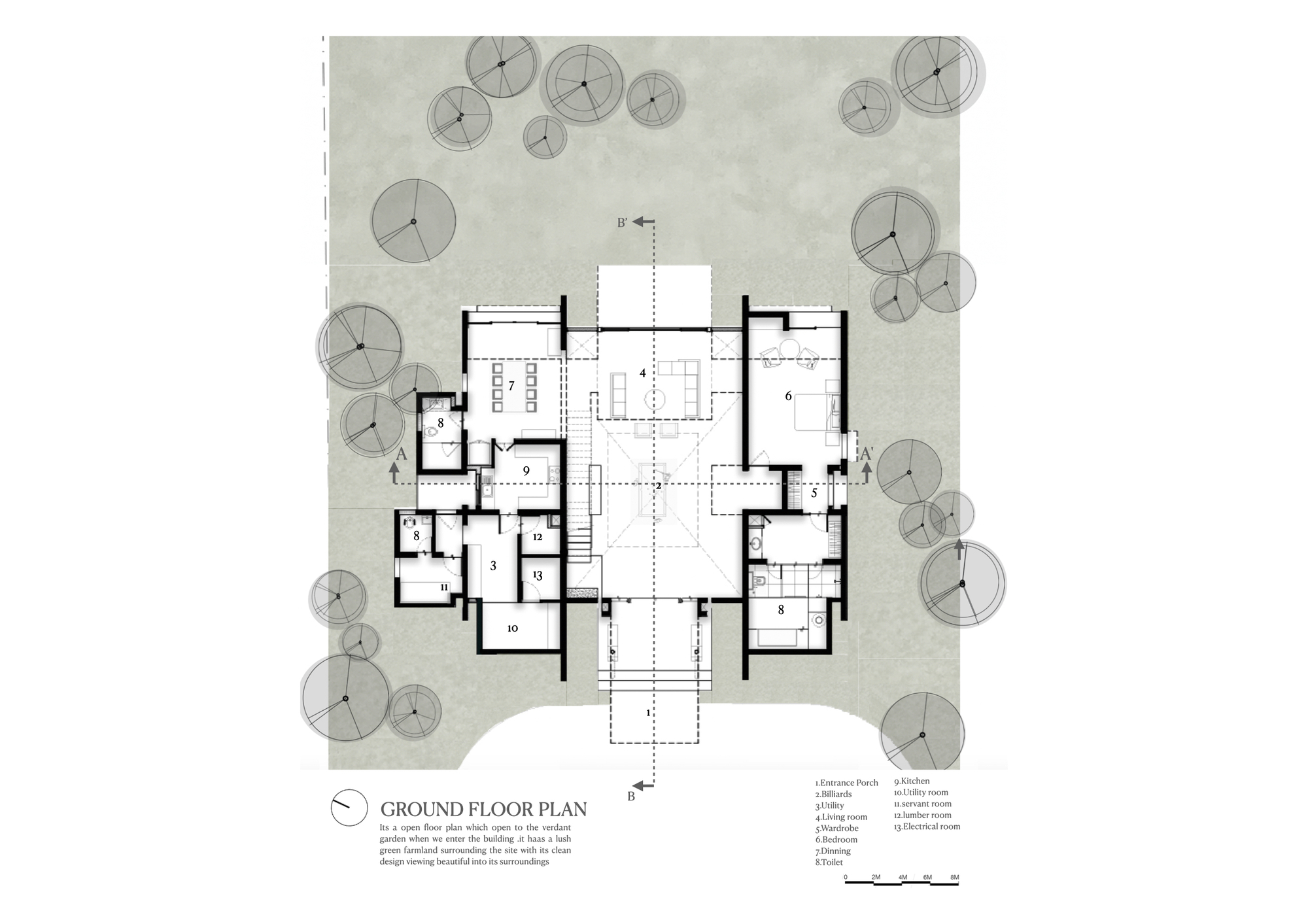 Ground floor plan drawing showing symmetrical layout with central courtyard surrounded by rooms and tree canopies