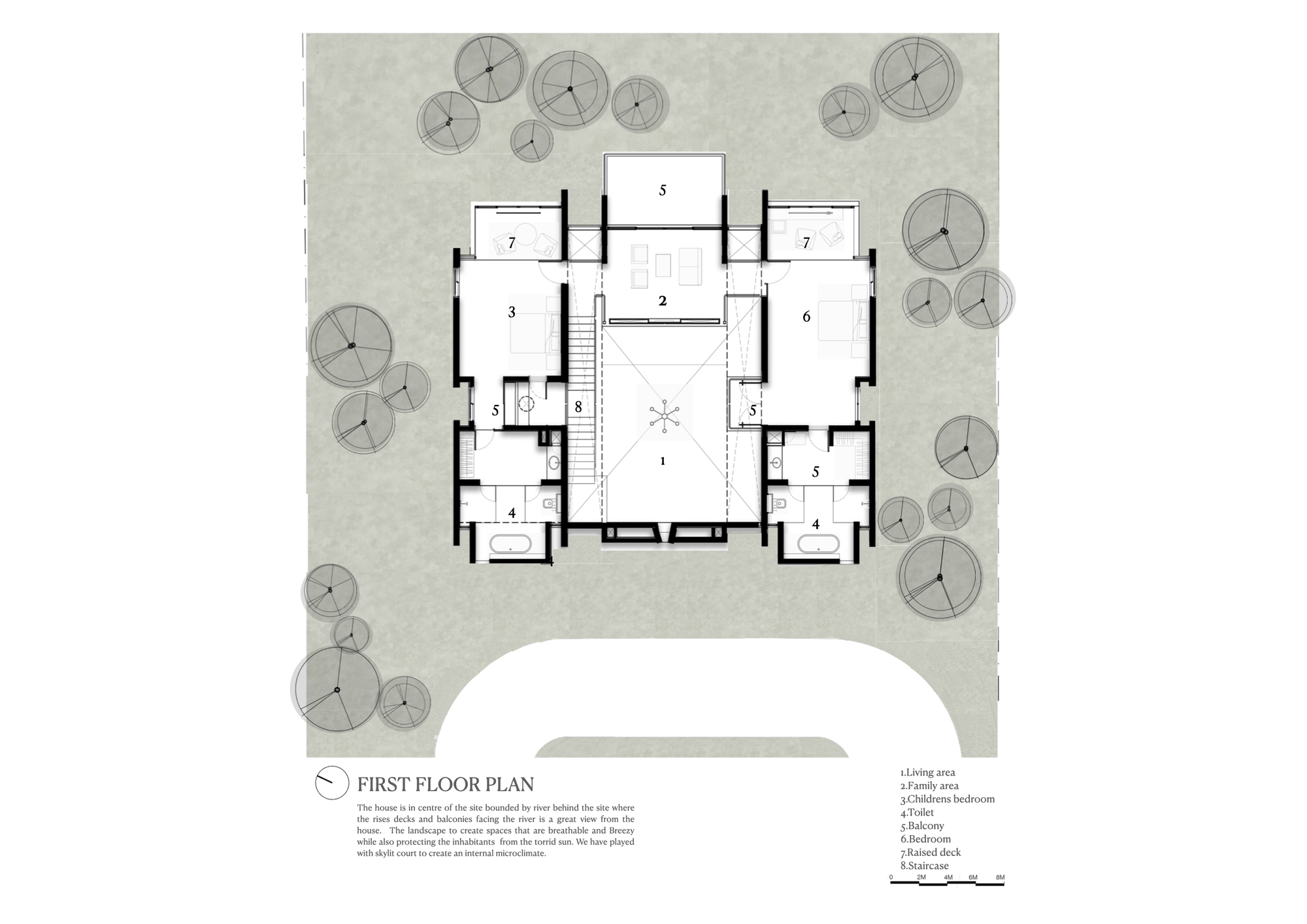 First floor plan drawing showing central double-height space flanked by bedrooms and service areas