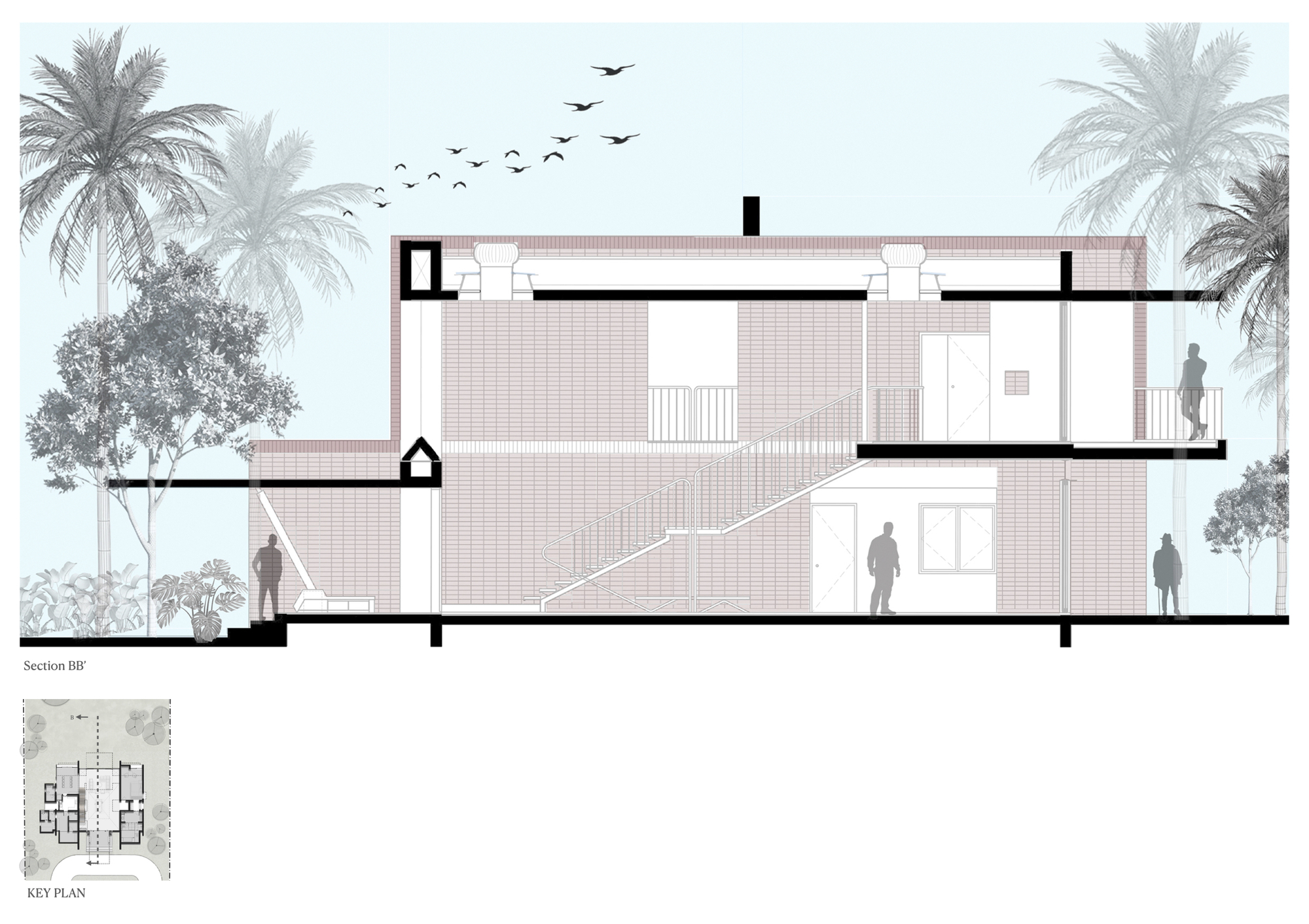 Section drawing revealing interior staircase connecting levels beneath flat roof with figures and palms