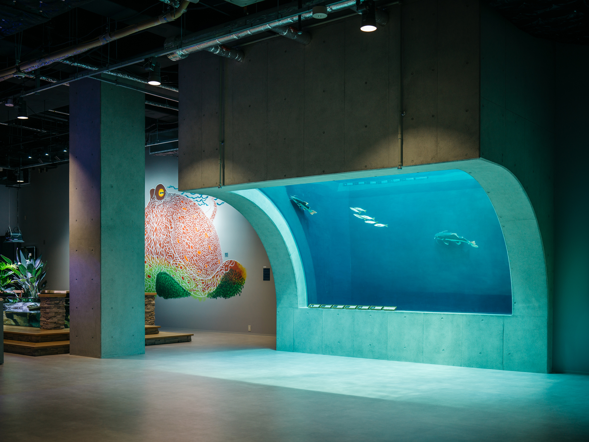 Curved aquarium viewing window with turquoise panels and penguins swimming in blue water