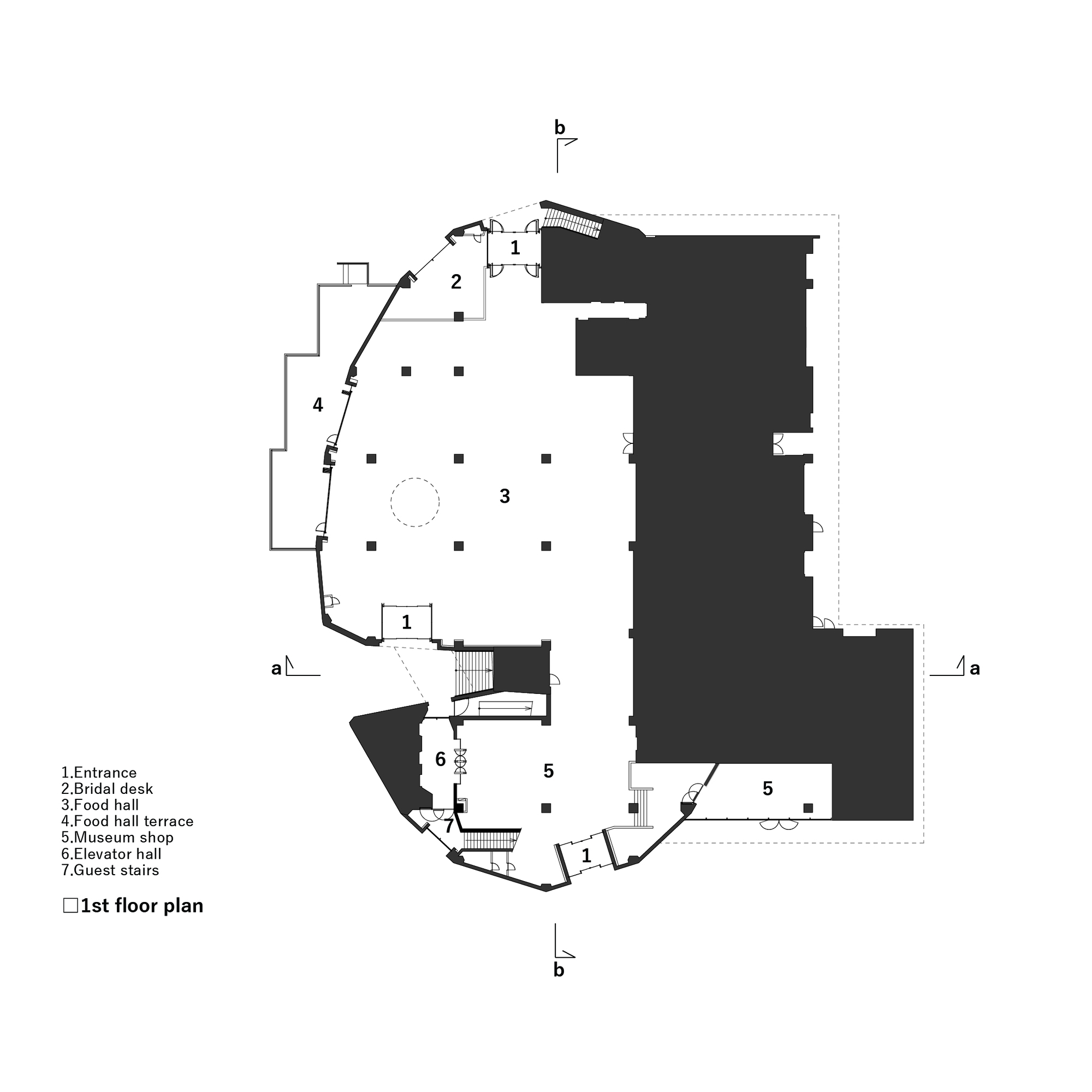 First floor plan drawing showing entrance, food hall, and terrace in an irregular curved footprint