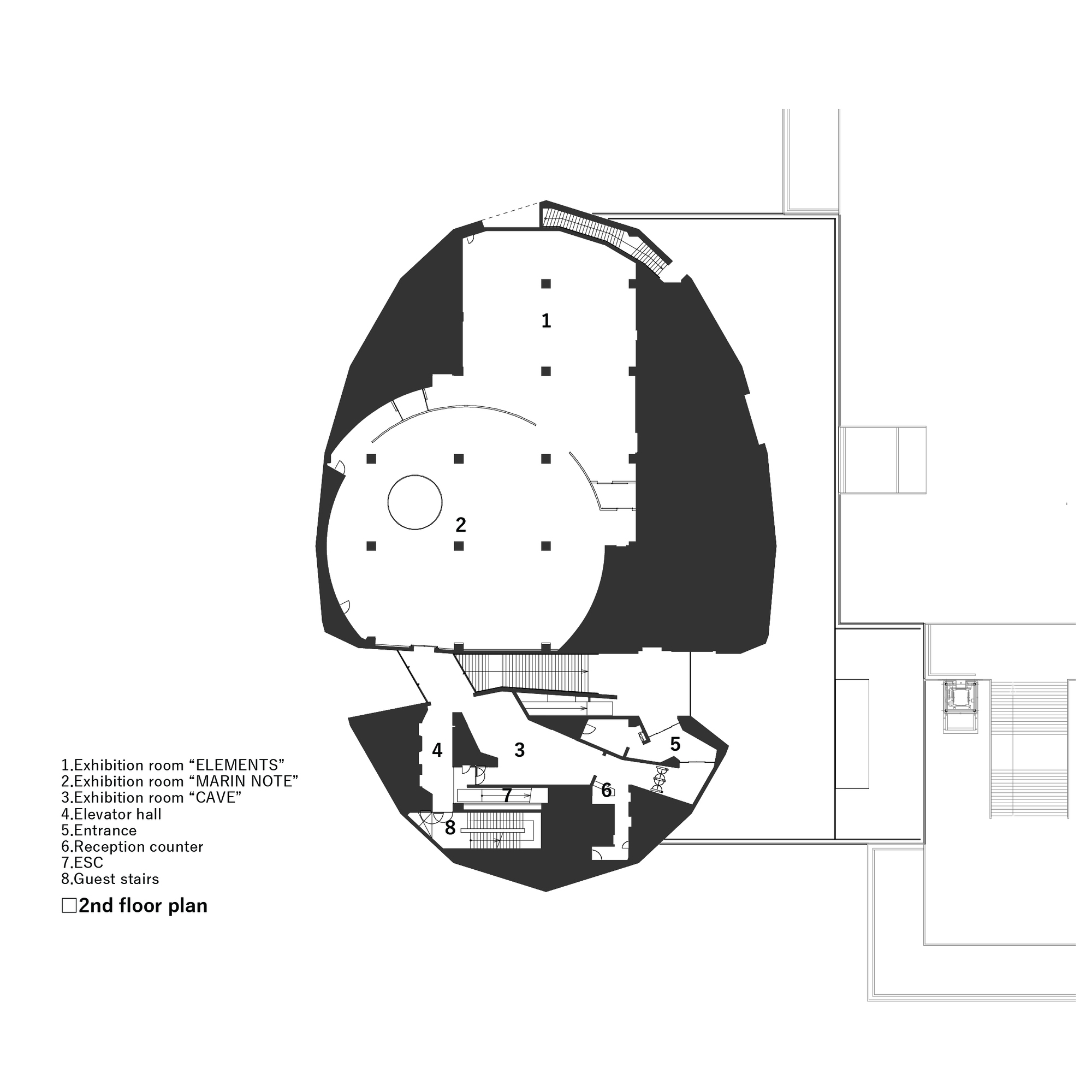 Second floor plan drawing showing rounded exhibition spaces and elevator hall in an organic form