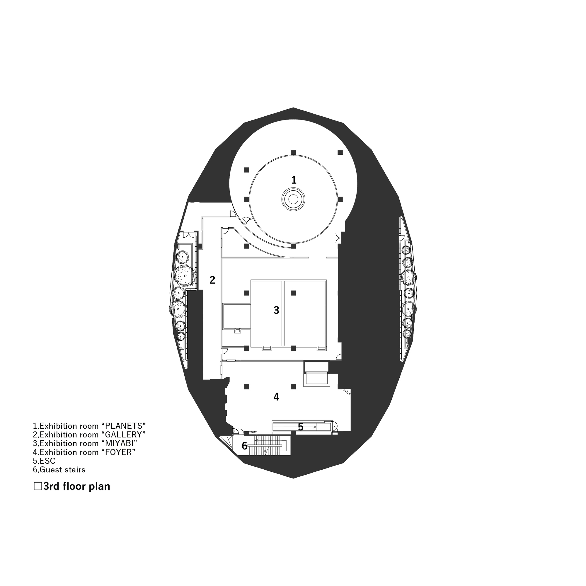 Third floor plan drawing showing circular exhibition room and smaller galleries within an oval perimeter