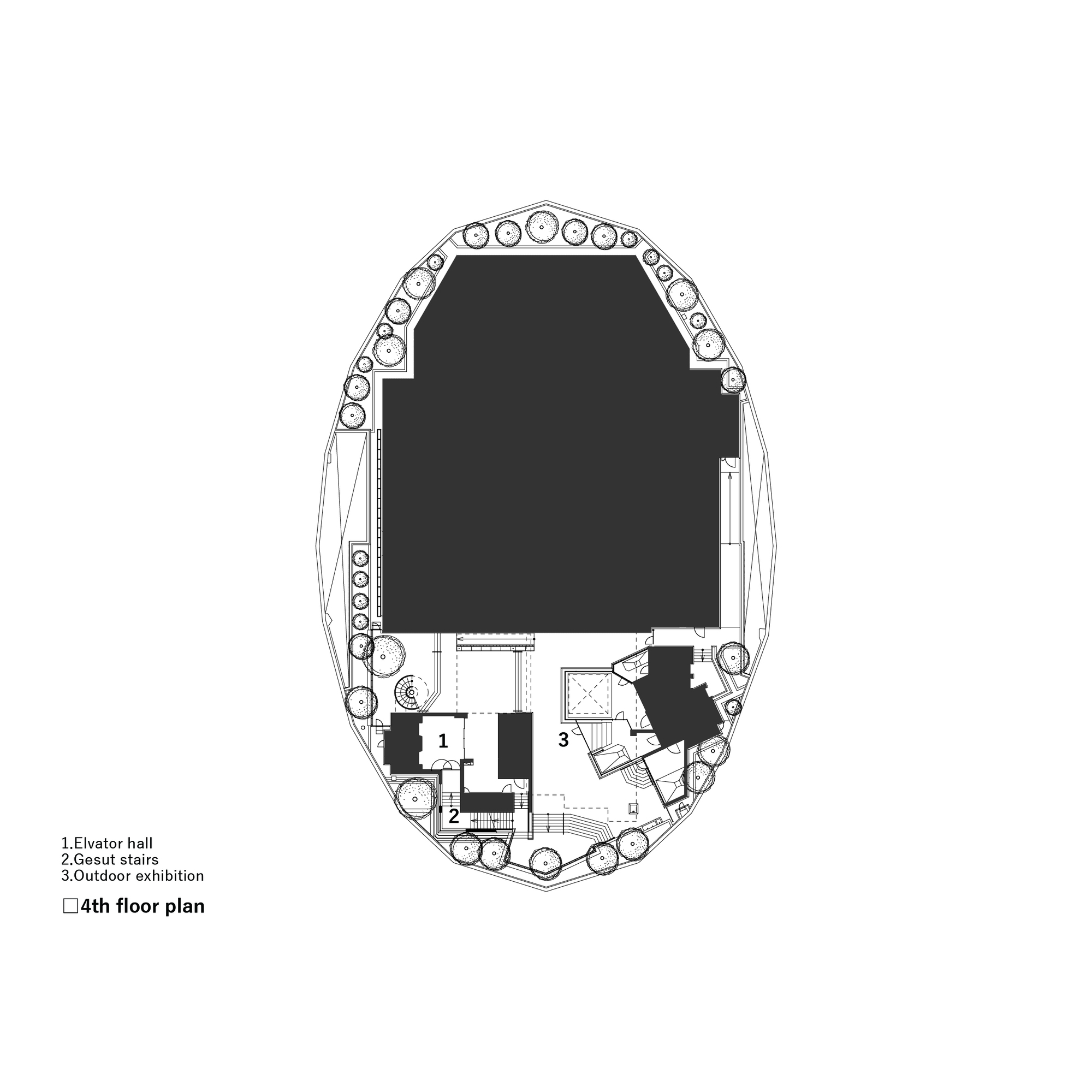Fourth floor plan drawing showing elevator hall and outdoor exhibition space with circular planting pockets