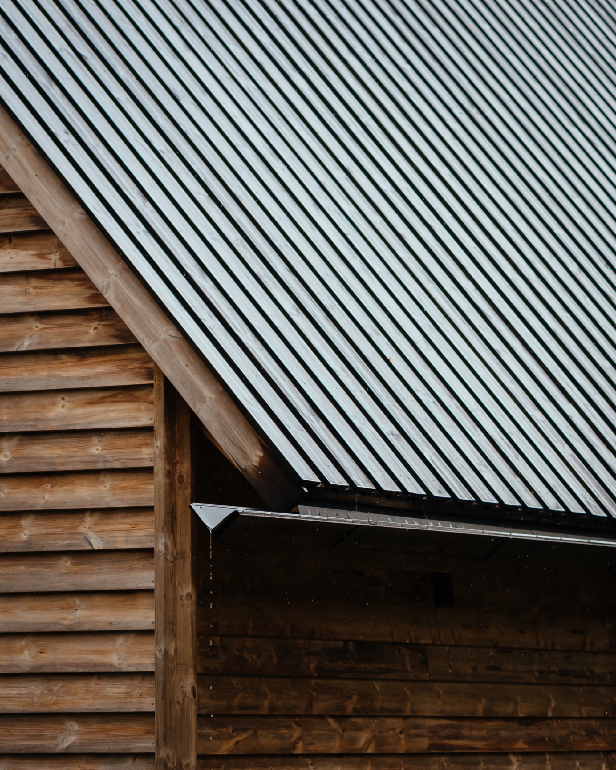 Junction of corrugated metal roofing and horizontal timber siding with exposed gutter