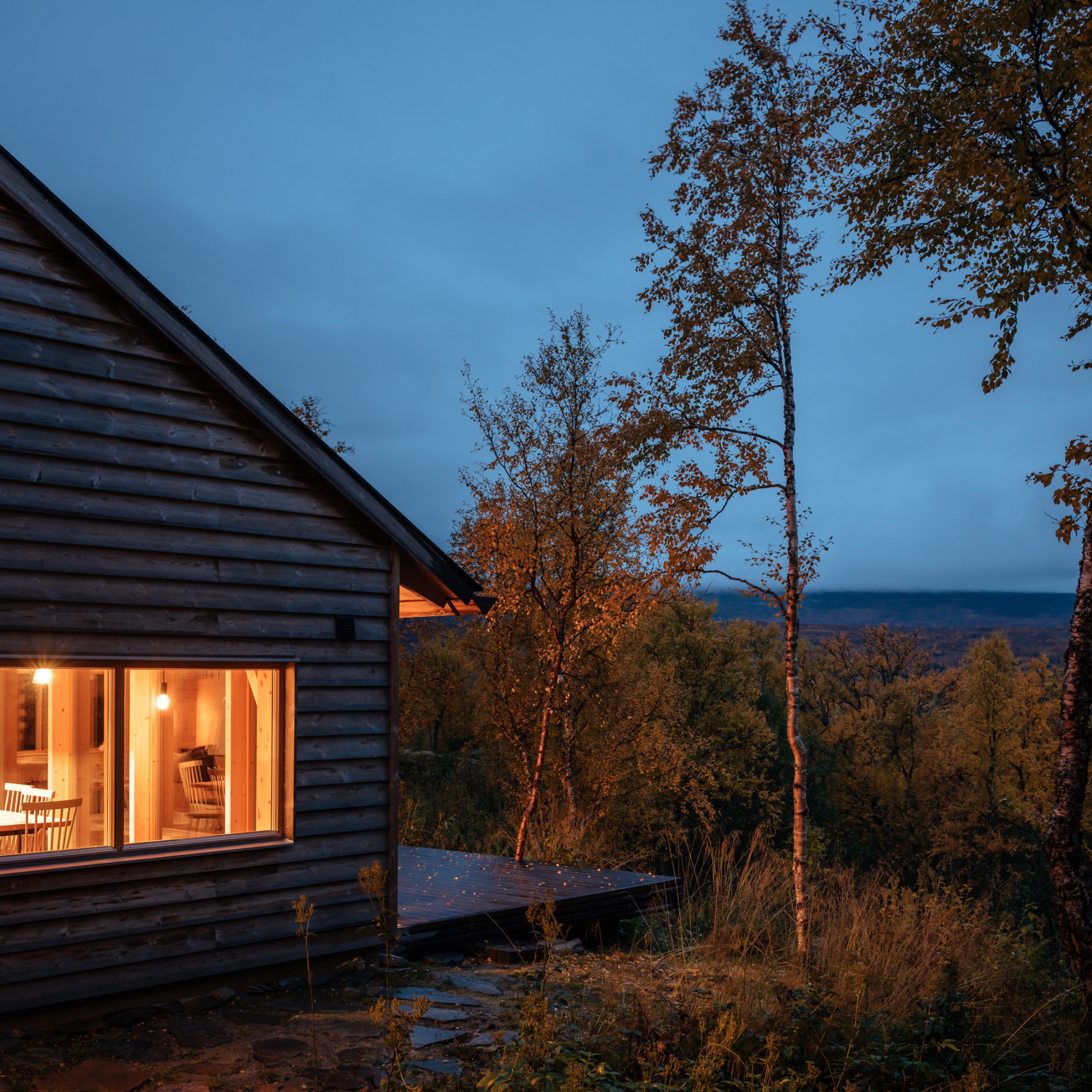 Corner window overlooking valley landscape with birch trees at dusk
