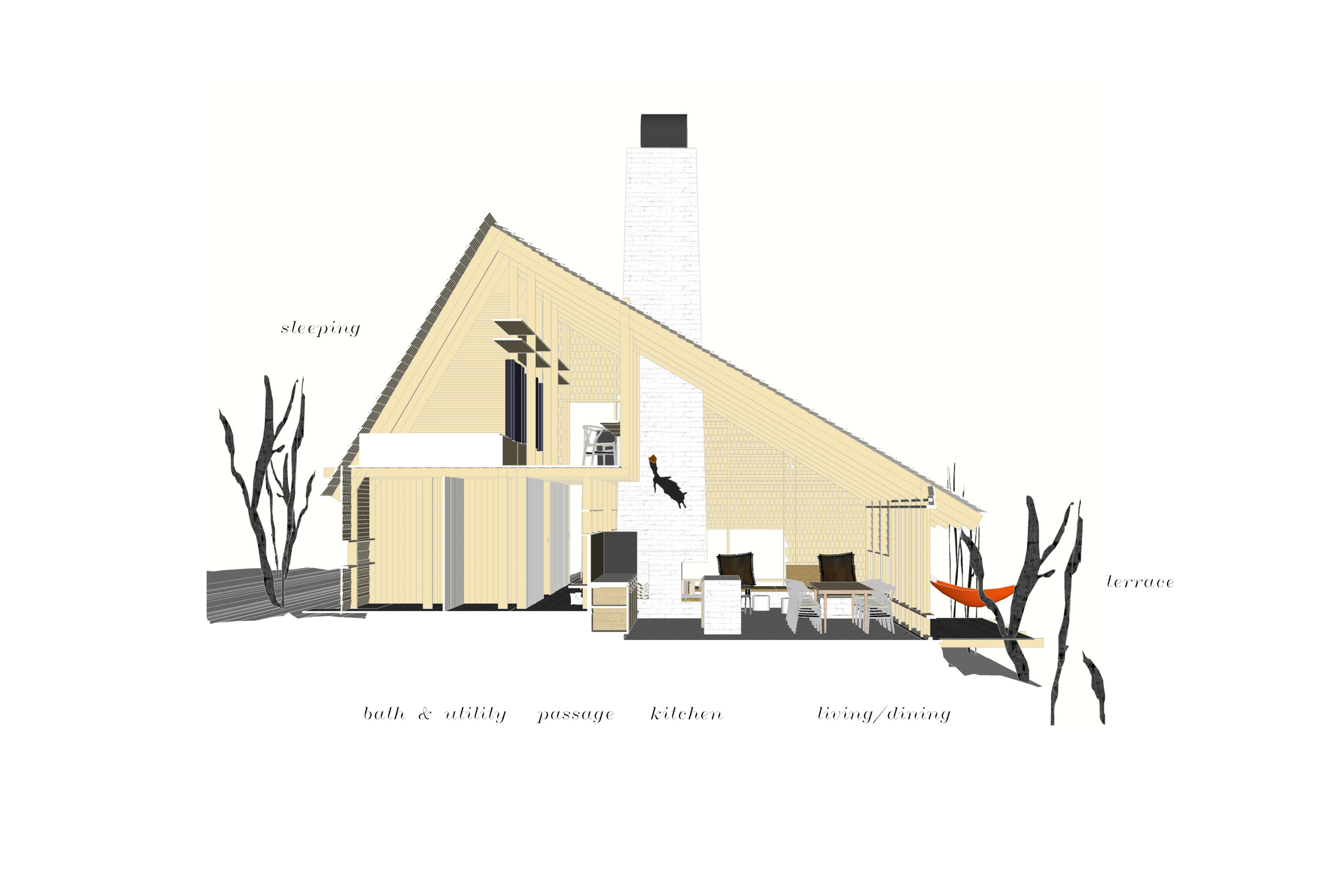 Section drawing showing the gabled volume with interior spaces from bath to terrace