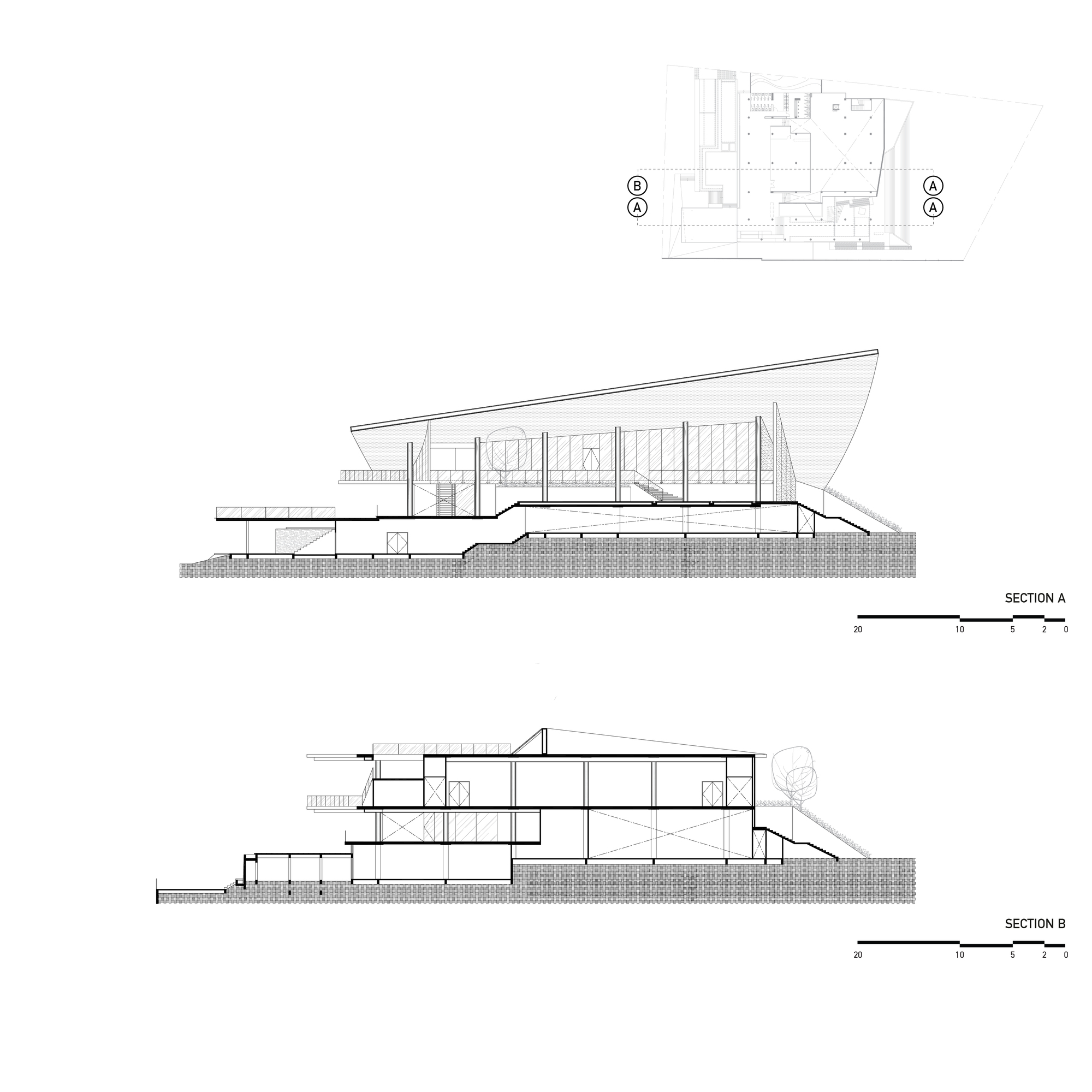 Section drawings A and B showing the sloping roof profile and interior spatial relationships