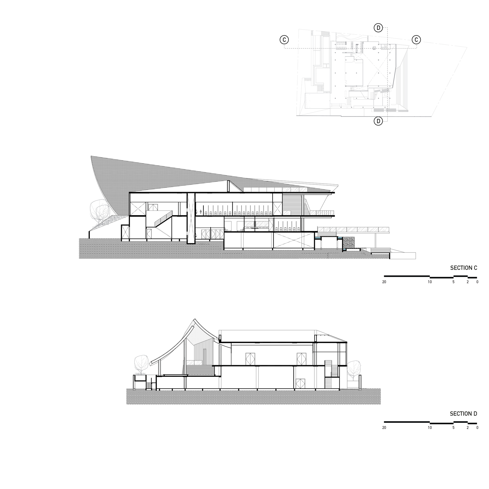 Section drawings C and D revealing the angular roof form and multi-level interior organization