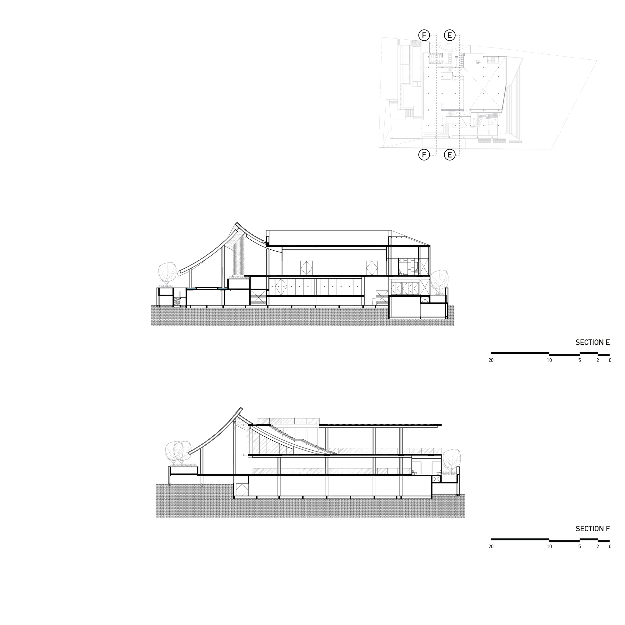Section drawings E and F showing the sloped roof and internal circulation across multiple levels