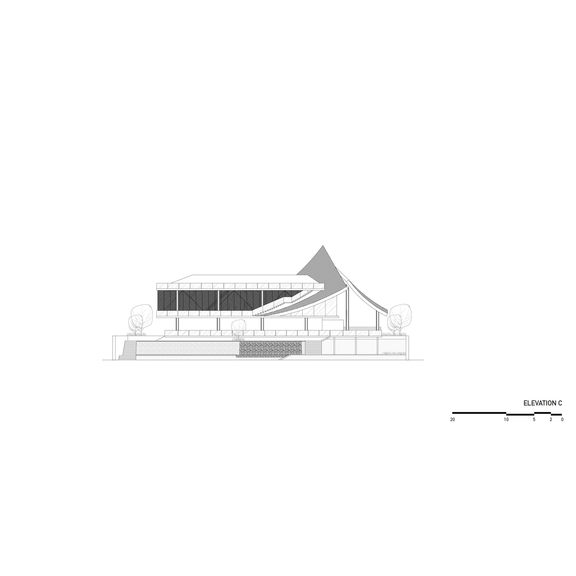 Elevation drawing revealing the section through a gabled roof volume supported by columns and exterior stairs