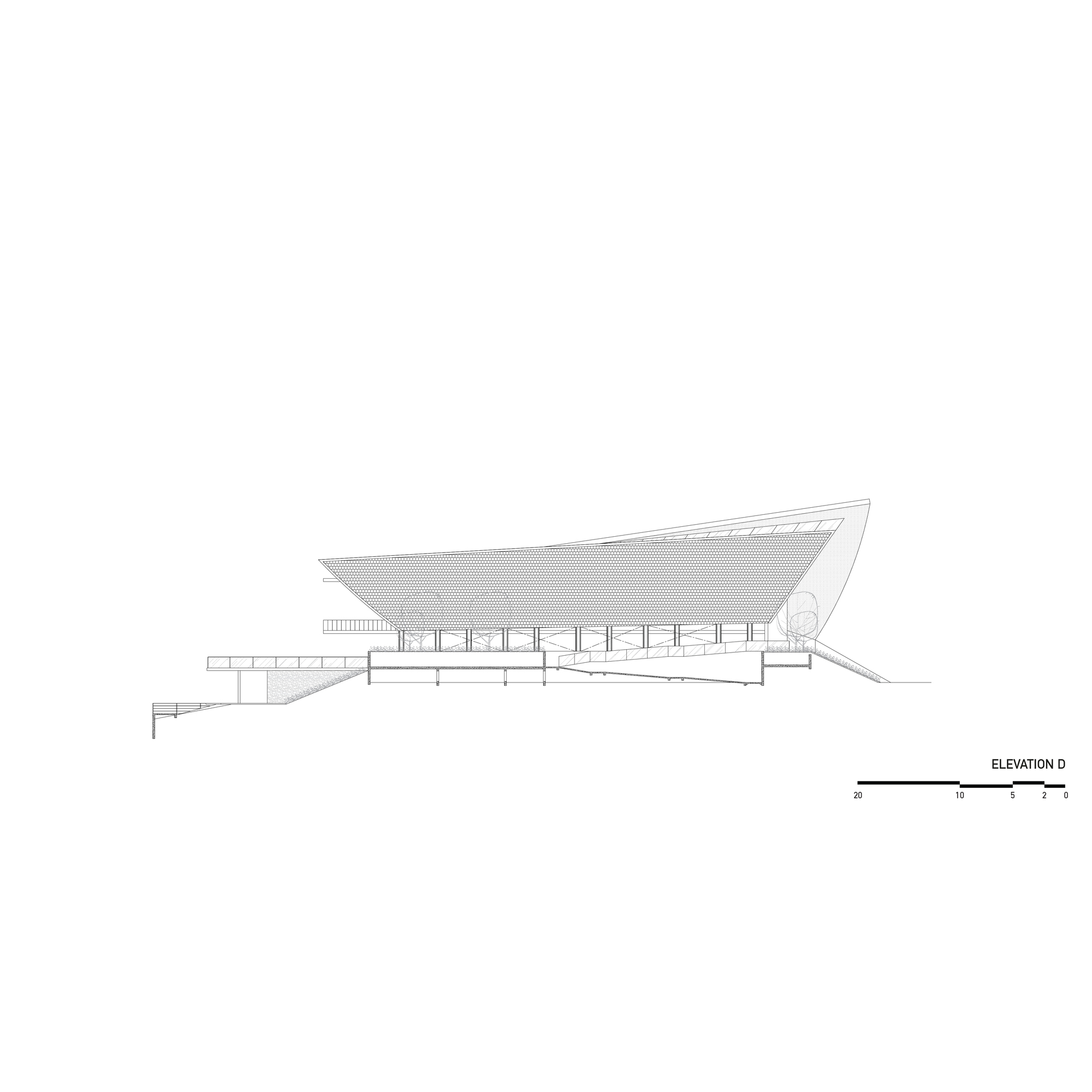 Elevation drawing displaying the long sweeping roof plane over a glazed colonnade with extended base terrace