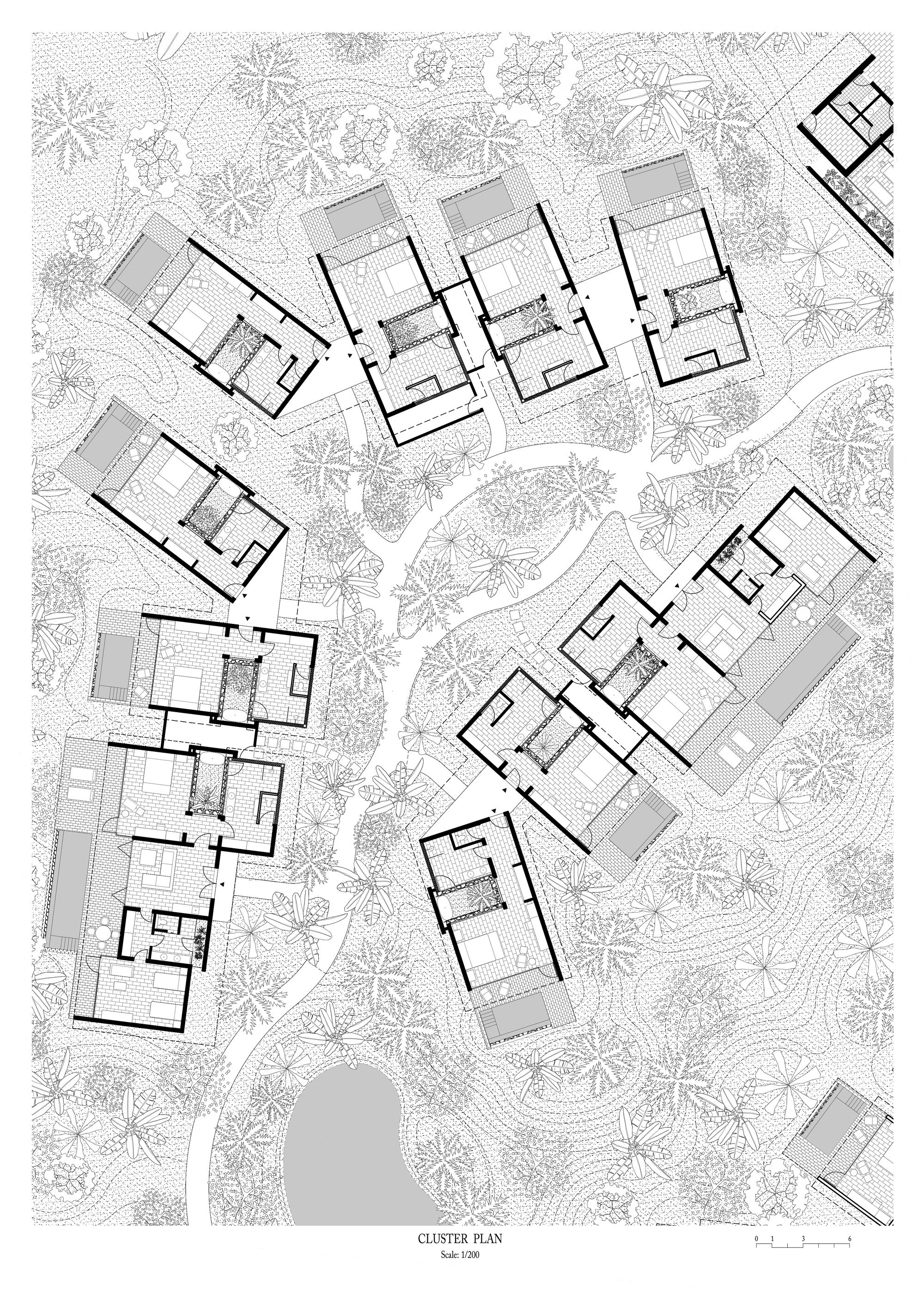 Cluster plan drawing showing ten detached villas distributed around a central water body with landscaping
