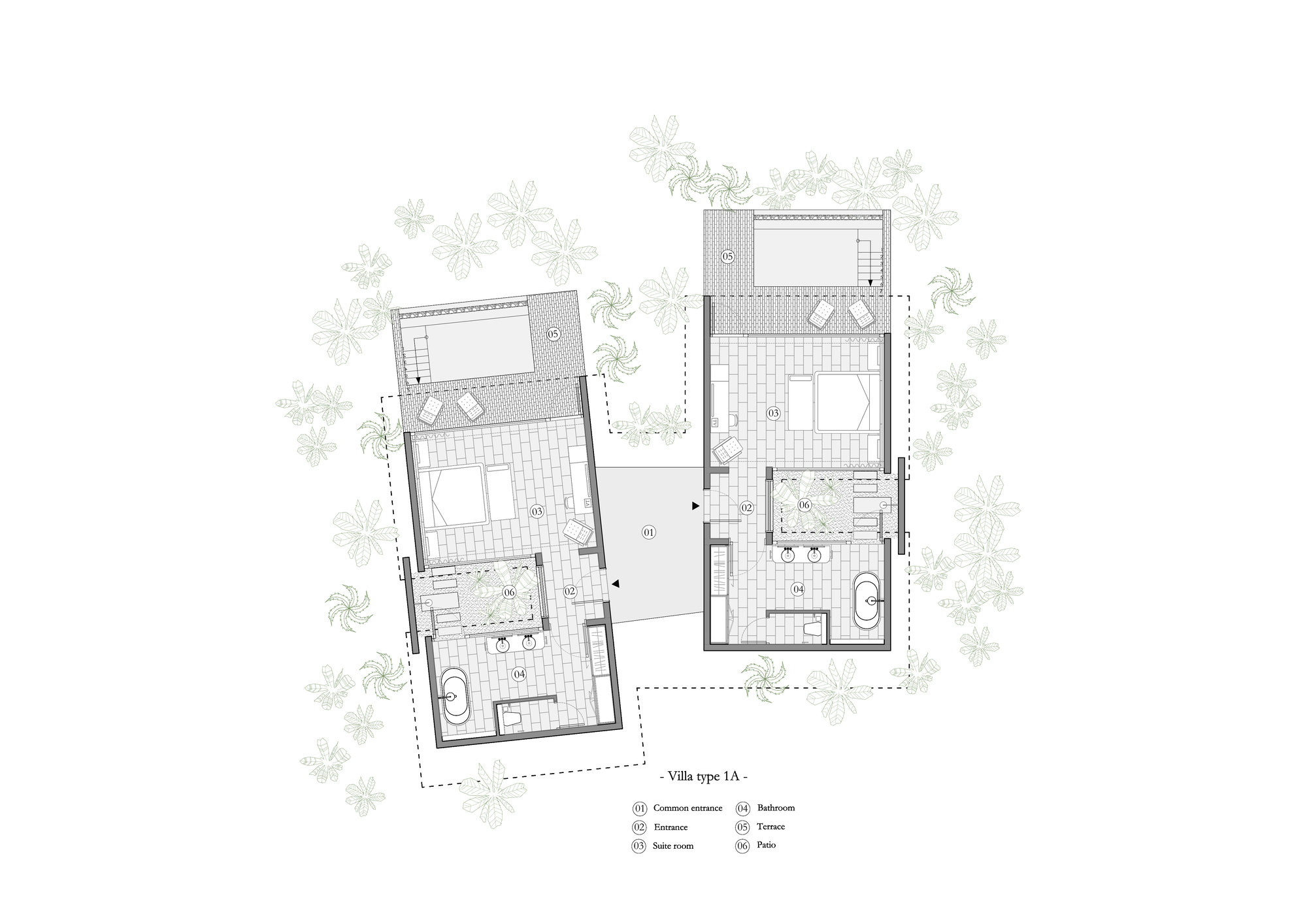 Floor plan drawing showing two linked villa units with enclosed courtyards and rooftop terraces