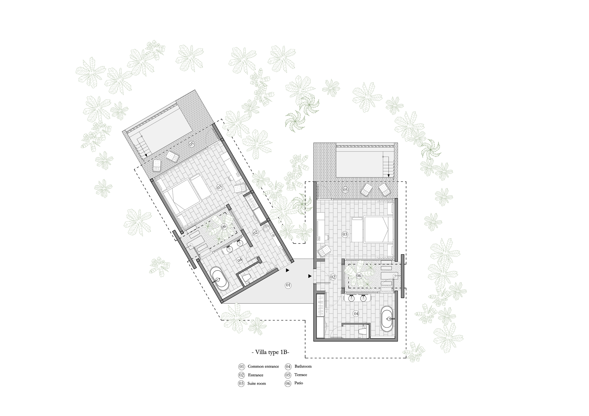 Floor plan drawing showing two villa units with bedrooms, bathrooms and terraces surrounded by landscaping