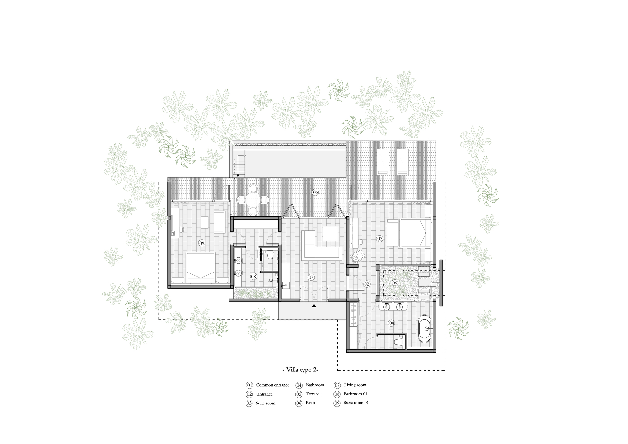 Floor plan drawing of a single villa unit with bedrooms, living areas and outdoor terraces amid trees