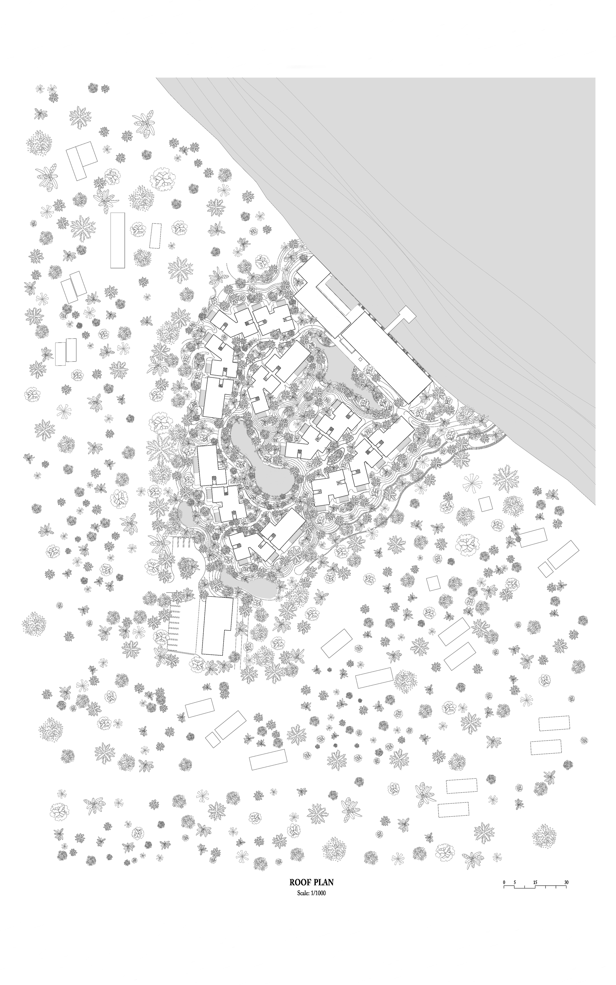 Roof plan drawing showing clustered villa buildings dispersed across a densely planted hillside site