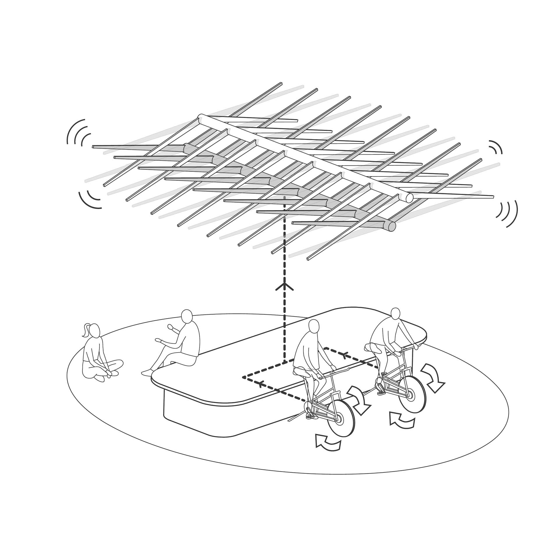 Axonometric drawing showing layered canopy structure above circular platform with bicycle and seating positions