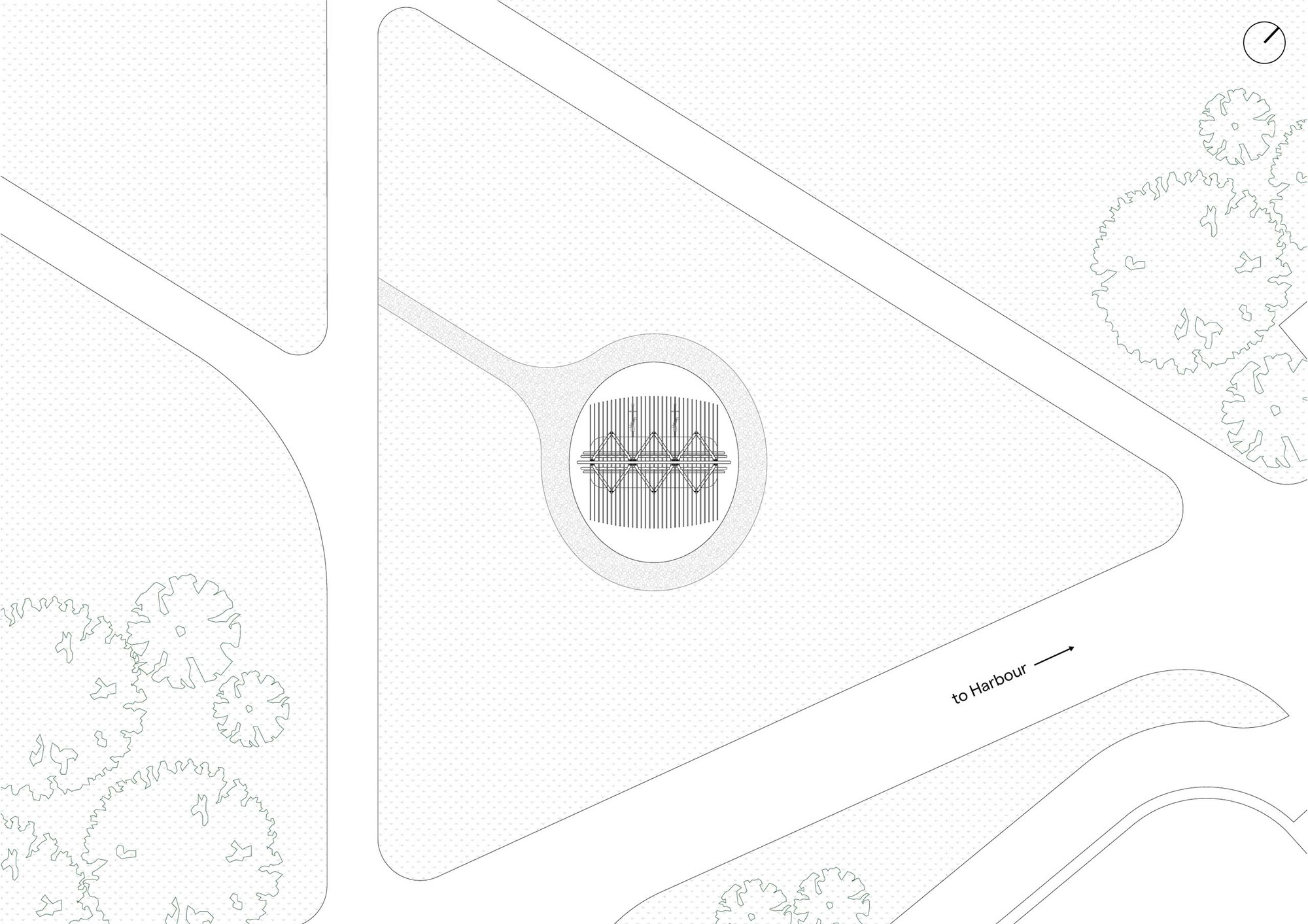 Site plan drawing showing circular pavilion within triangular lawn area and surrounding trees