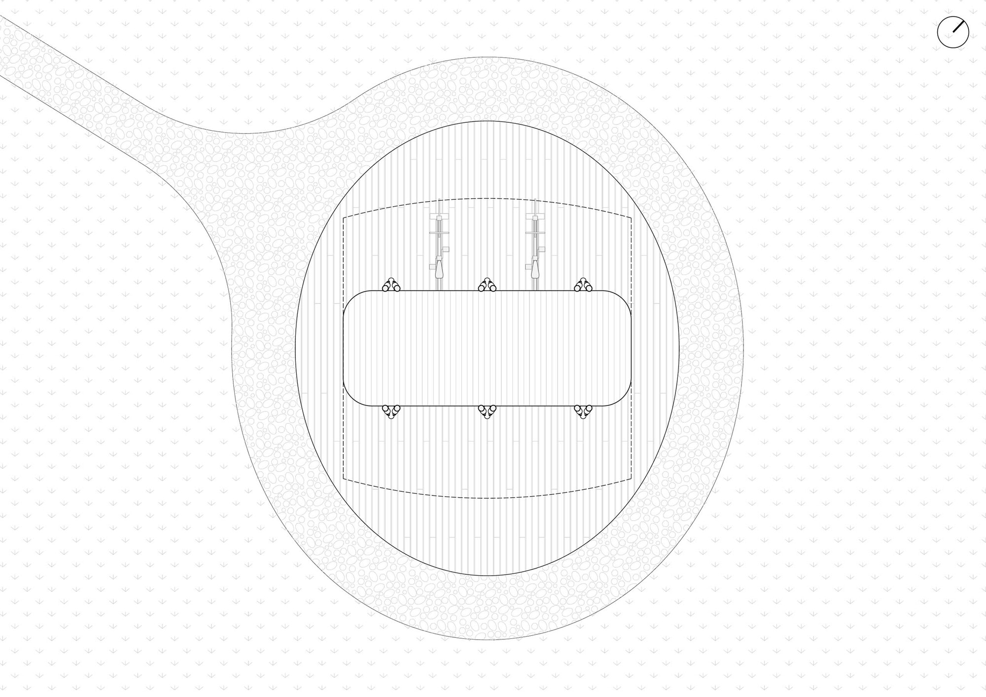 Plan drawing showing a rounded volume enclosing a central rectangular space with a curved access path